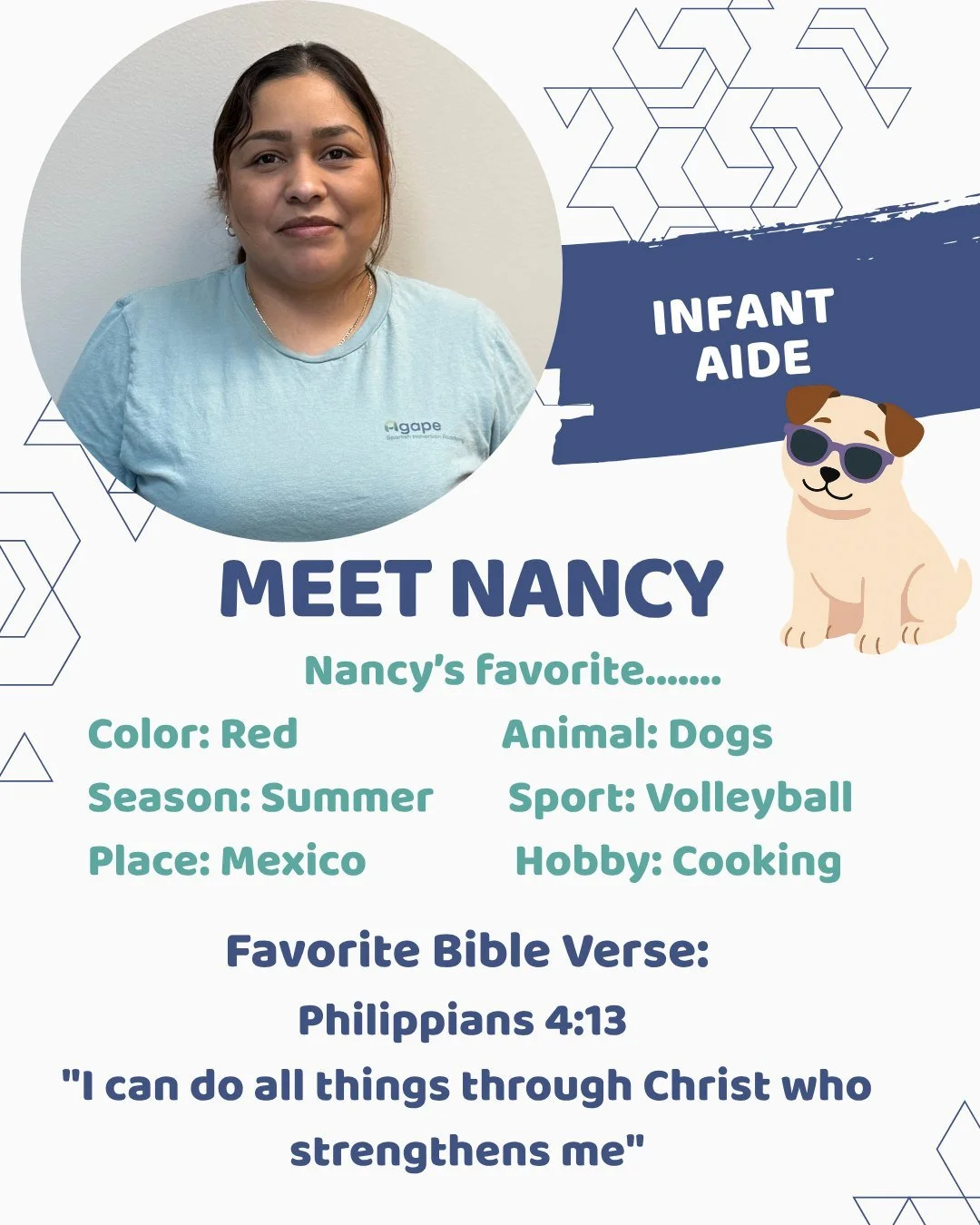 Shout out Nancy our infant room Aide!

Nancy's patience, care, and attention to every little detail make such a difference each day. From soothing tiny tears to celebrating those first smiles and milestones, Nancy helps create a safe and loving envir