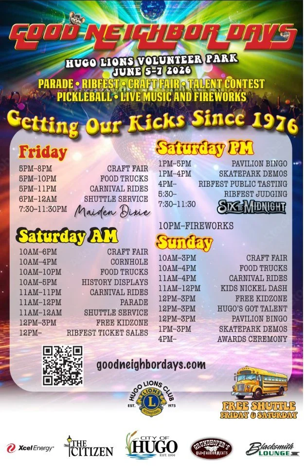 What are you doing this upcoming weekend..... come see us at Hugo Good Neighbor Days!  We will have a boot there and be in the Parade! Stop by and say hello!