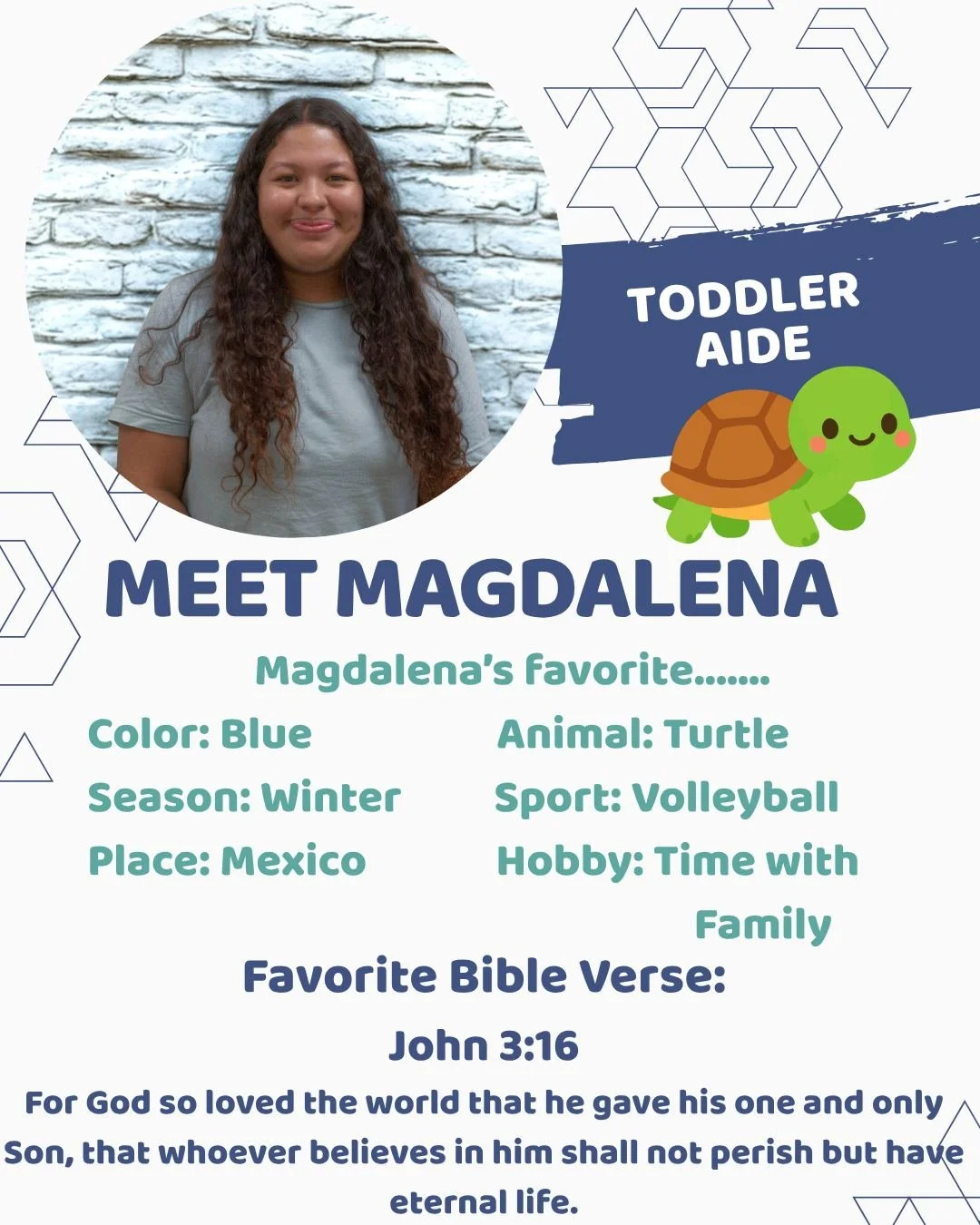 Staff Shout Out!

Behind every happy child is a teacher who is cheering them on, wiping tears, giving hugs, teaching new skills, and making them feel loved and safe. 

Today we&rsquo;re giving a special shout-out to Magdalena who shows up each day re