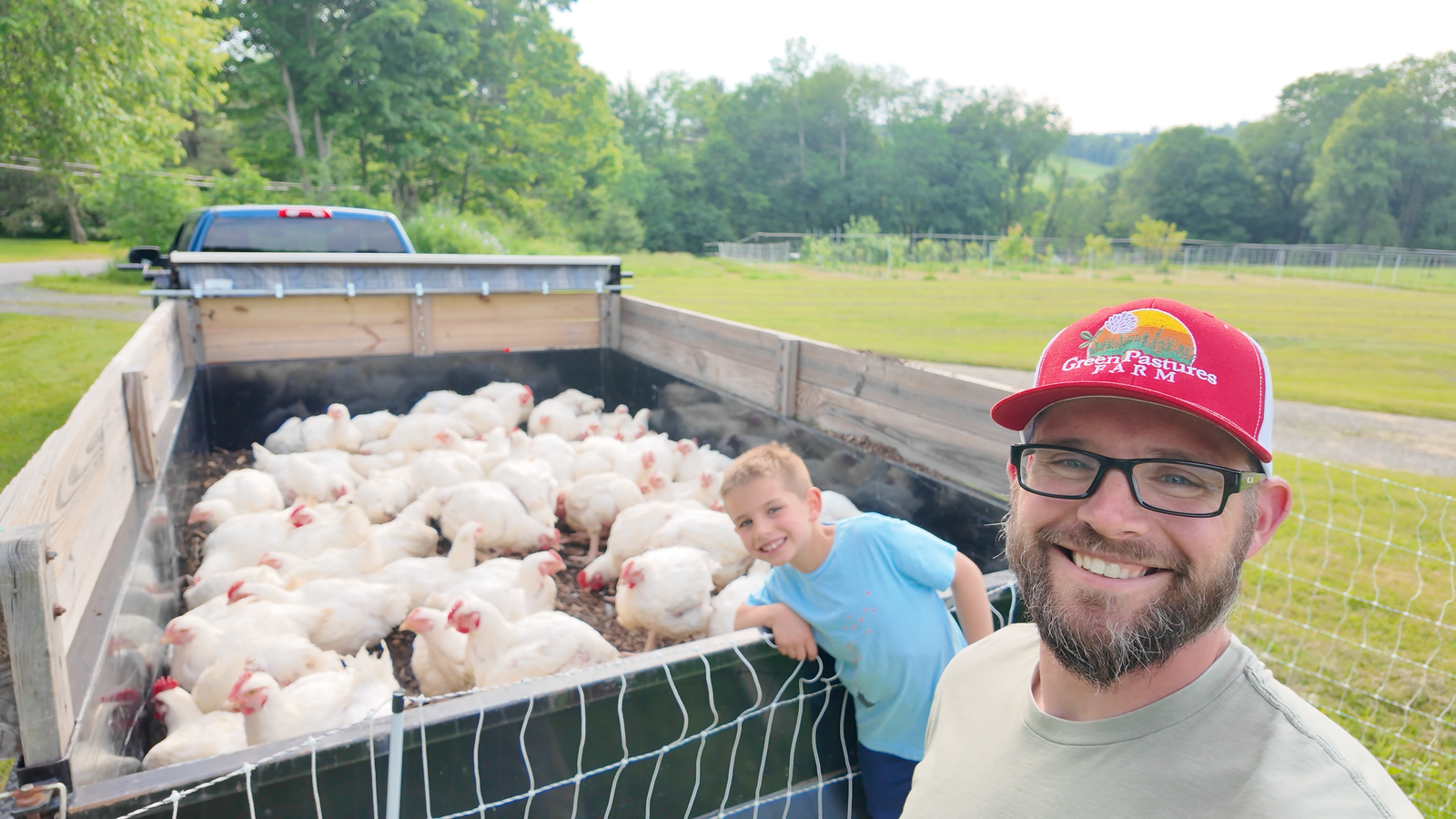 Declan brining the meat birds to the processor.