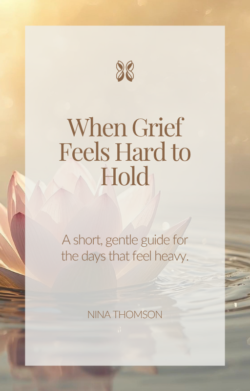 Book cover titled "When Grief Feels Hard to Hold" by Nina Thomson, with a background of a pink lotus flower floating on water