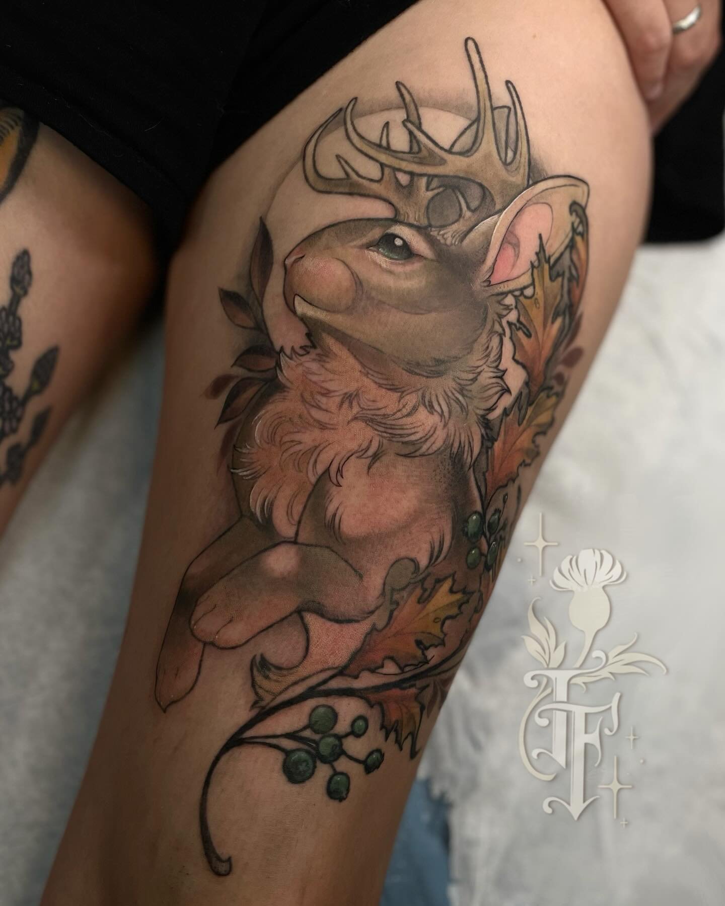 Finally finished this autumnal jackalope for Alexandria! ✨ mostly all healed, just the chest is fresh. More creatures please! 
&bull;
&bull;
&bull;
#ohioartist #ohiotattooartist #neotraditional #illustrativetattoo #neoromantic #neotraditionaltattoo #