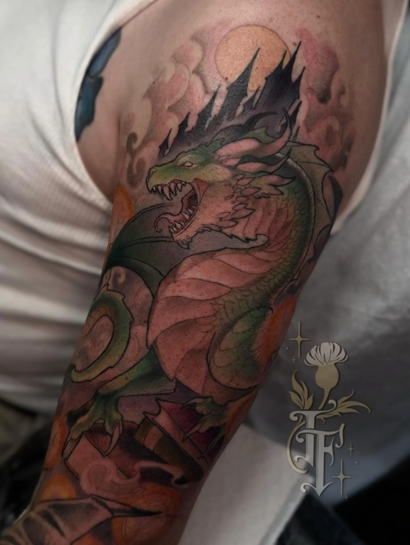 Upper portion of Chris&rsquo;s dragon and wizard sleeve. Thanks for looking! 
&bull;
&bull;
&bull;
#ohioartist #ohiotattooartist #neotraditional #illustrativetattoo #neoromantic #neotraditionaltattoo #neoromantictattoo  #artnouveautattoo #literarytat