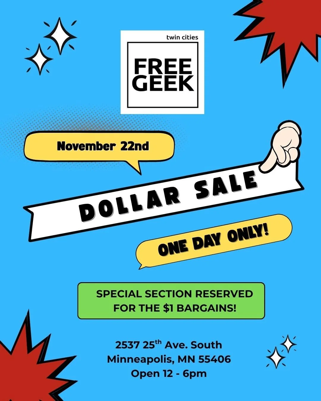 DOLLAR SALE: Don't miss $1 bargains, only on Saturday, Nov. 22. The store will be open from 12-6 p.m. Items will be added to the $1 section throughout the day. 
 #freegeek #twincities #bargainshopping #freegeektc