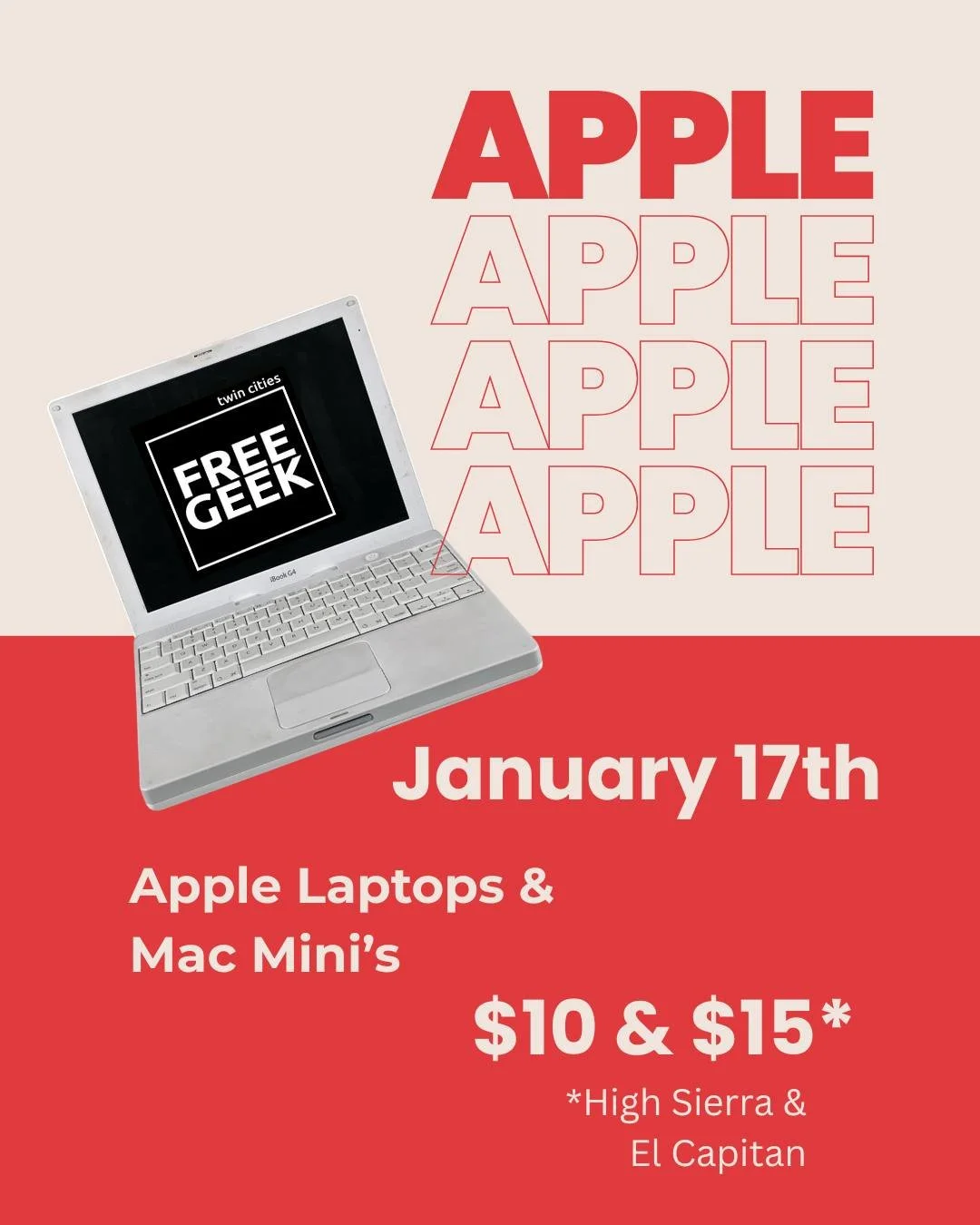 APPLE FLASH SALE 🍎💻: We will be hosting a flash sale featuring Apple laptops and Mac Mini's (High Sierra and El Capitan operating systems) on Saturday, January 17, while supplies last. 
Prices start at $10 &amp; $15.
 Doors open at noon. 
#freegeek
