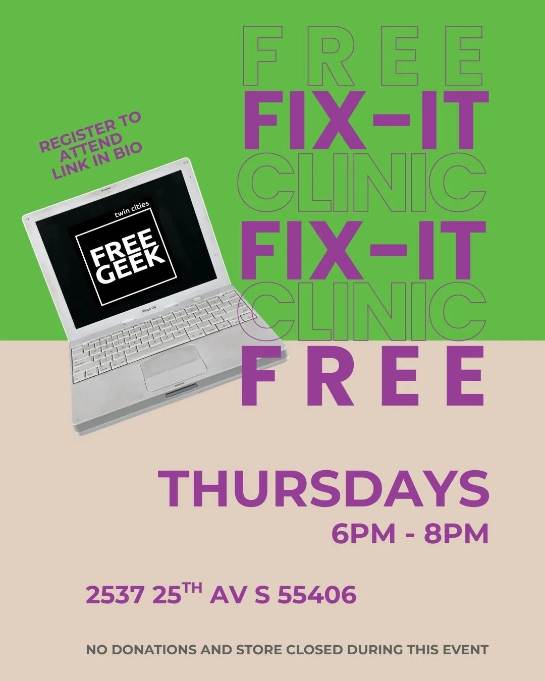 Computer not booting? Turntable not turning? Help is on the way!
Free Geek Twin Cities is offering FREE electronic device trouble-shooting advice and fix-it clinics on Thursdays from 6pm - 8pm each week. 
Bring us any of the following* and we will do