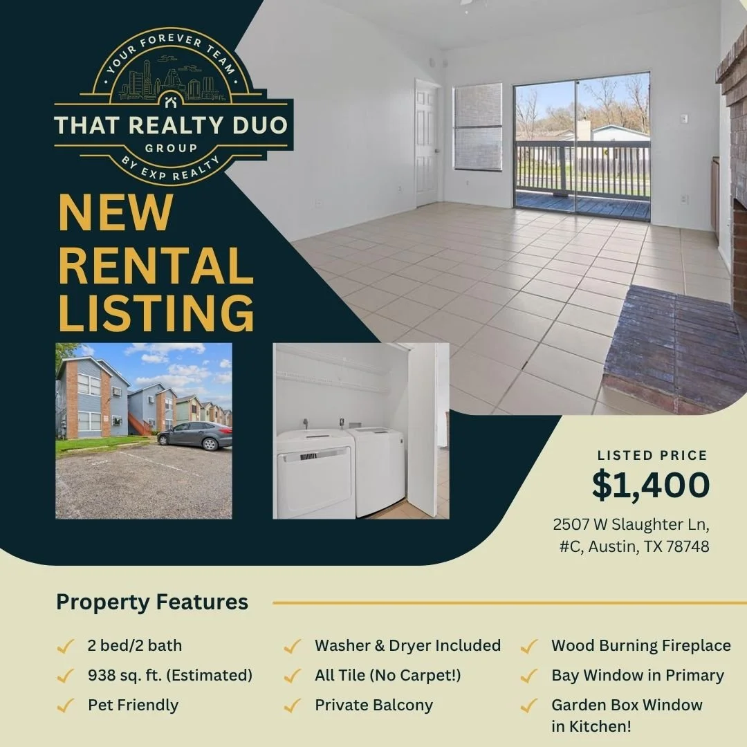 New Rental Listing Available in South Austin!!!
- $1,400.00/mo
- Available NOW!
- 2 bed/2 bath
- 2nd story with balcony
- Close to H-E-B, Bowie High School and the South Menchaca Night-life district

Reach out to Christian Haile for more info (512) 4