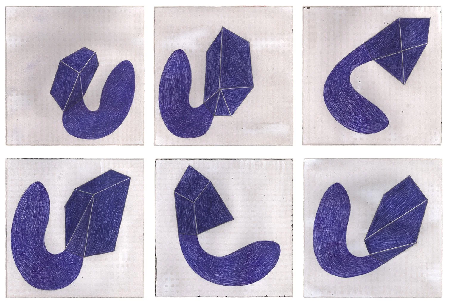 Blue Gems #8 (erupting) | set of 6 | ea. 6”x6” | gesso, blue ink pen on gray paper. 2013.