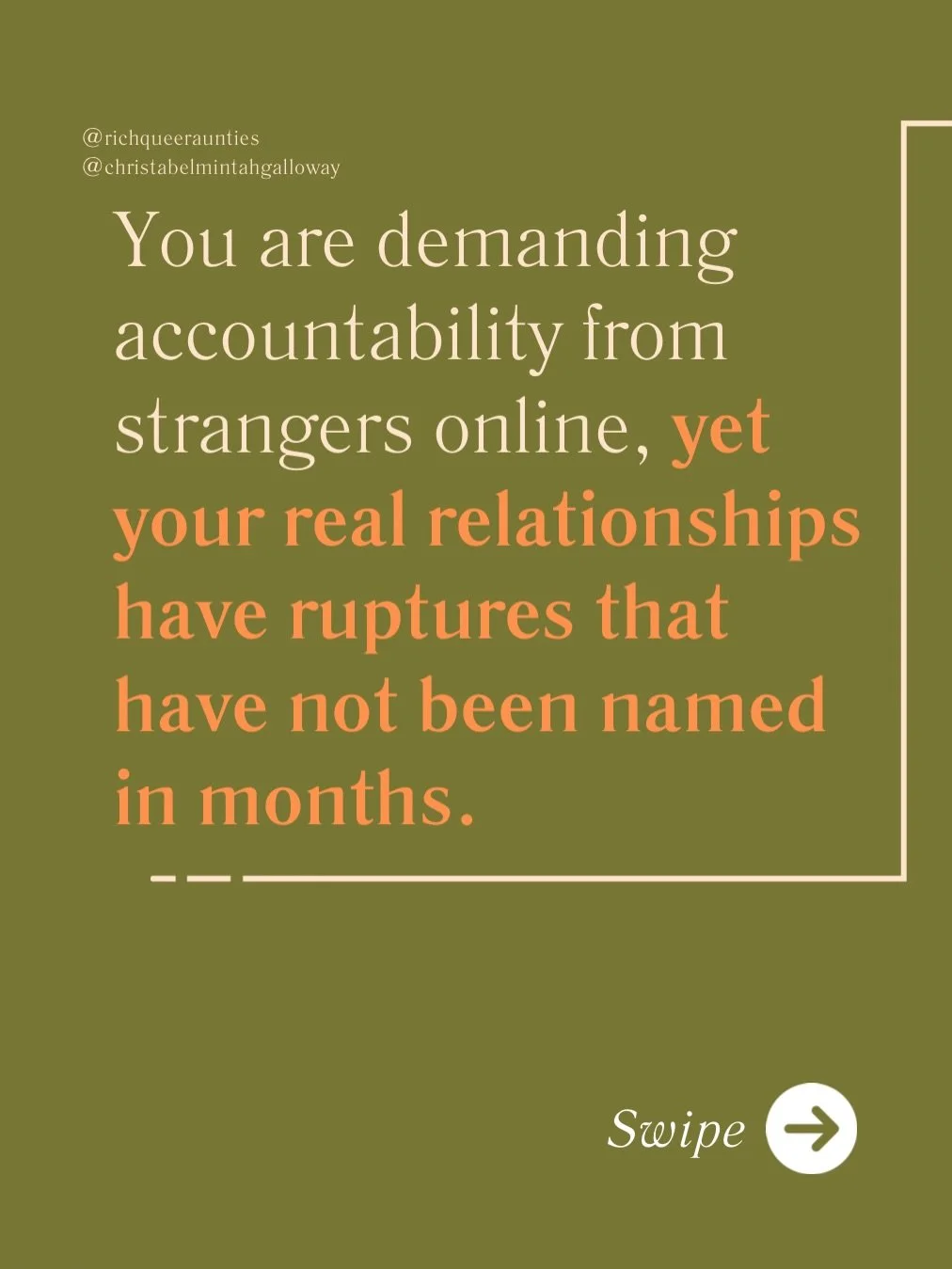 I don&rsquo;t perform repair or accountability or even forgiveness. It can be really hard for people to conceptualist this. 

I care about dismantling systems of oppression, I believe in collective action for the greater good. But what I care more ab