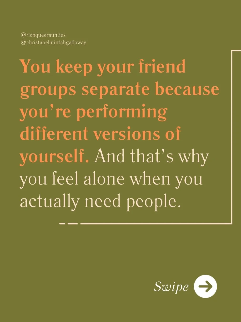 Most of us aren&rsquo;t &ldquo;private.&rdquo; We&rsquo;re split.

Everybody gets a different version of you, and you call it normal.

But there&rsquo;s a cost to that because when life gets hard, you don&rsquo;t have a community. You have compartmen