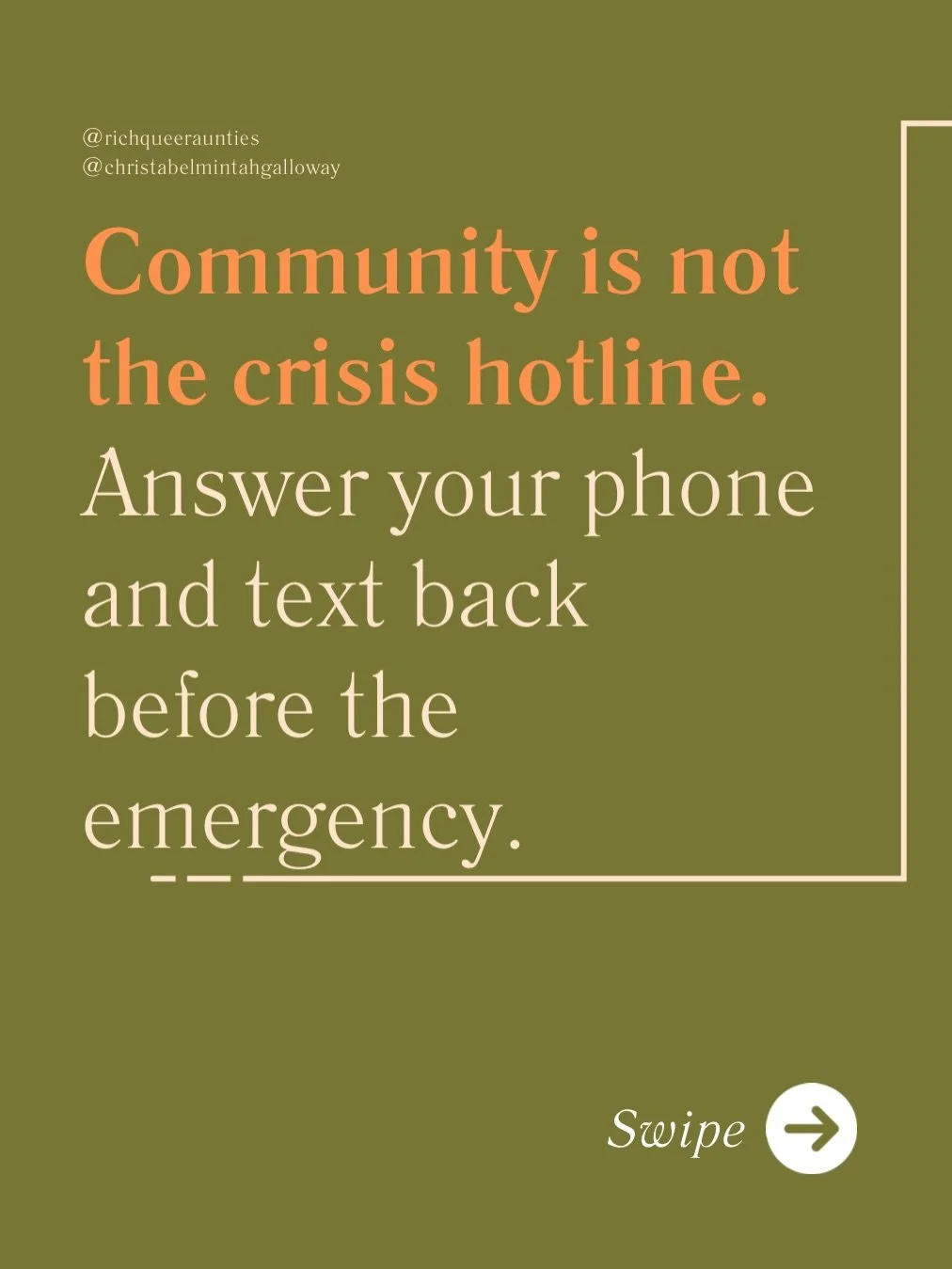 Community is not the crisis hotline.

It is the normal text. The walk. The grocery run. The &ldquo;did you eat.&rdquo; The ride. The check-in before anybody is at the edge. The repair after somebody forgets. The awkward conversation where you name th