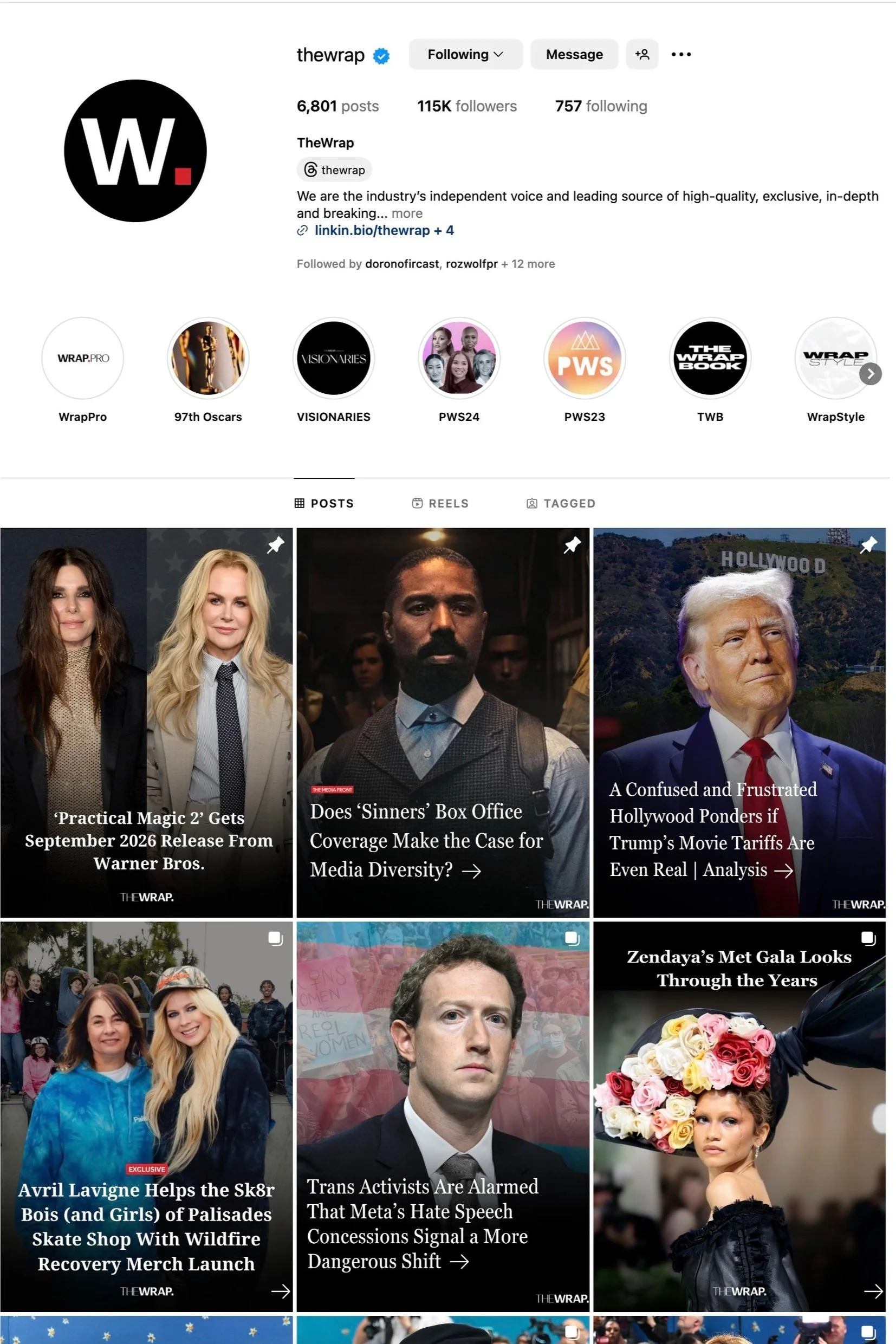 Screenshot of TheWrap's Instagram profile featuring various entertainment news posts, including topics on 'Practical Magic 2', media diversity, Hollywood's response to movie tariffs, Avril Lavigne's skate shop launch, Meta's hate speech policies, and Zendaya's Met Gala looks.