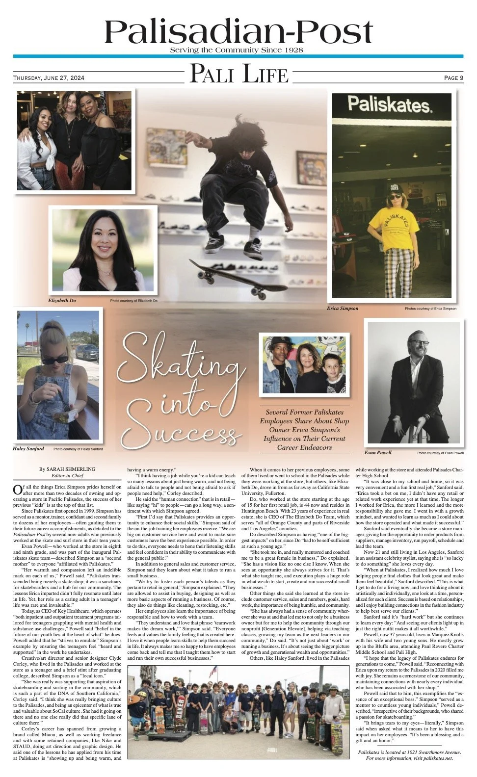 Front page of the Palisadian-Post newspaper featuring an article about Paliskates, a local skateboard shop. Includes several images: people posing, a skateboarder mid-air indoors, and an outdoor group photo. The headline reads "Skating into Success."