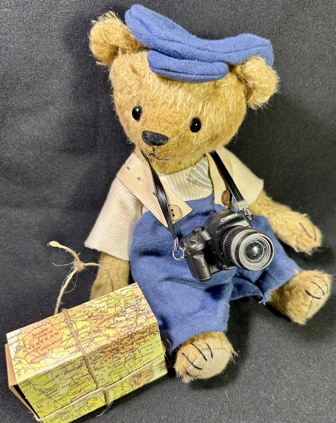 Reisebär Rudi mit Fotoapparat – ca. 22 cm groß, aus Mohair, 5-fach gegliedert. Adoptionsgebühr: 110 €