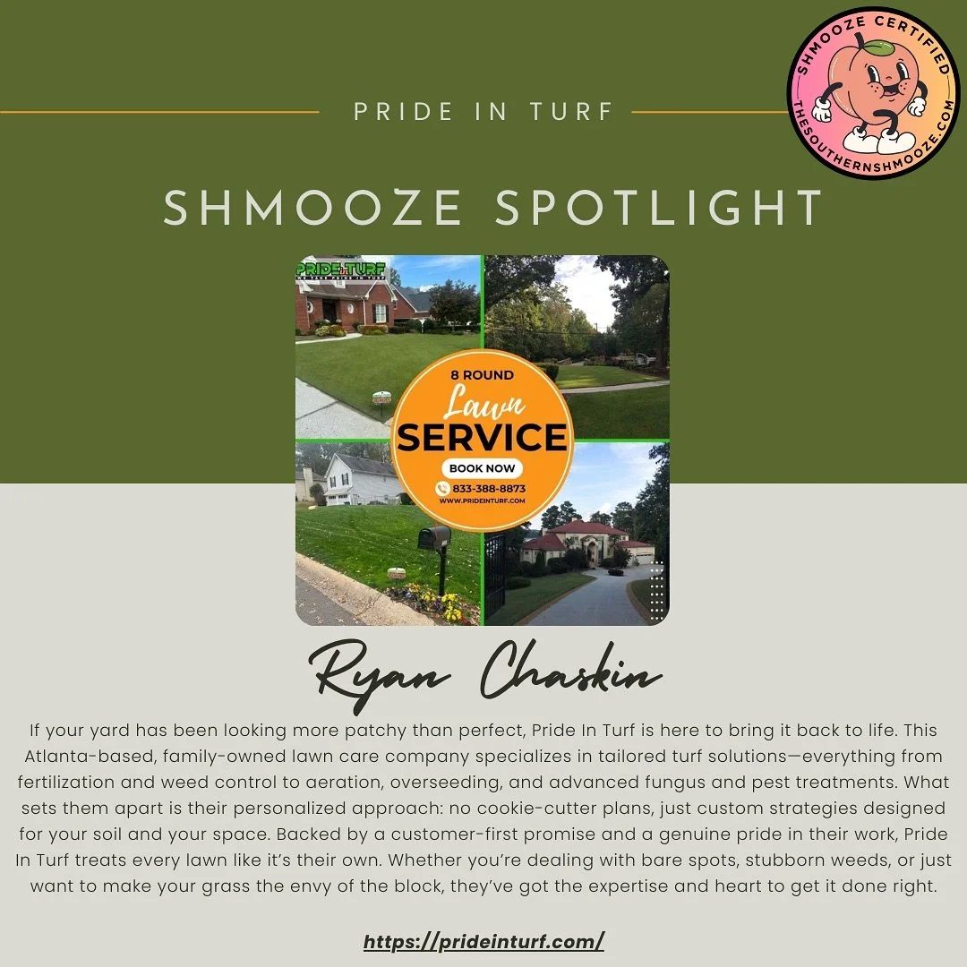 Our Shmooze Spotlight 100 businesses in 100 days series continues with Pride In Turf lawn care services! Atlanta’s own Pride In Turf takes lawn care seriously — from fertilization & aeration to fungus & pest control, they treat ev