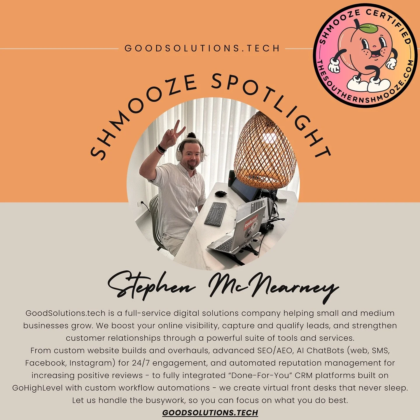 Next up in our 100 Businesses in 100 Days series is GoodSolutions.Tech!
Stephen has already been a huge help behind the scenes, curating features for our Southern Shmooze website. His services are a game-changer if you own a business and need an ext