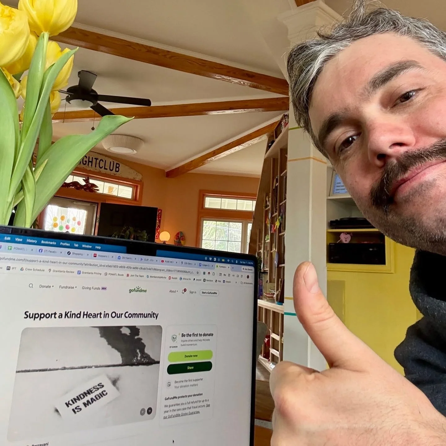 bit of an awkward selfie but the message is good hearted! one of our day-one members could use a bit of a financial help so I got together with another shmooze member Michelle to help create a GoFundMe for her. She&rsquo;s been a huge help to this gr