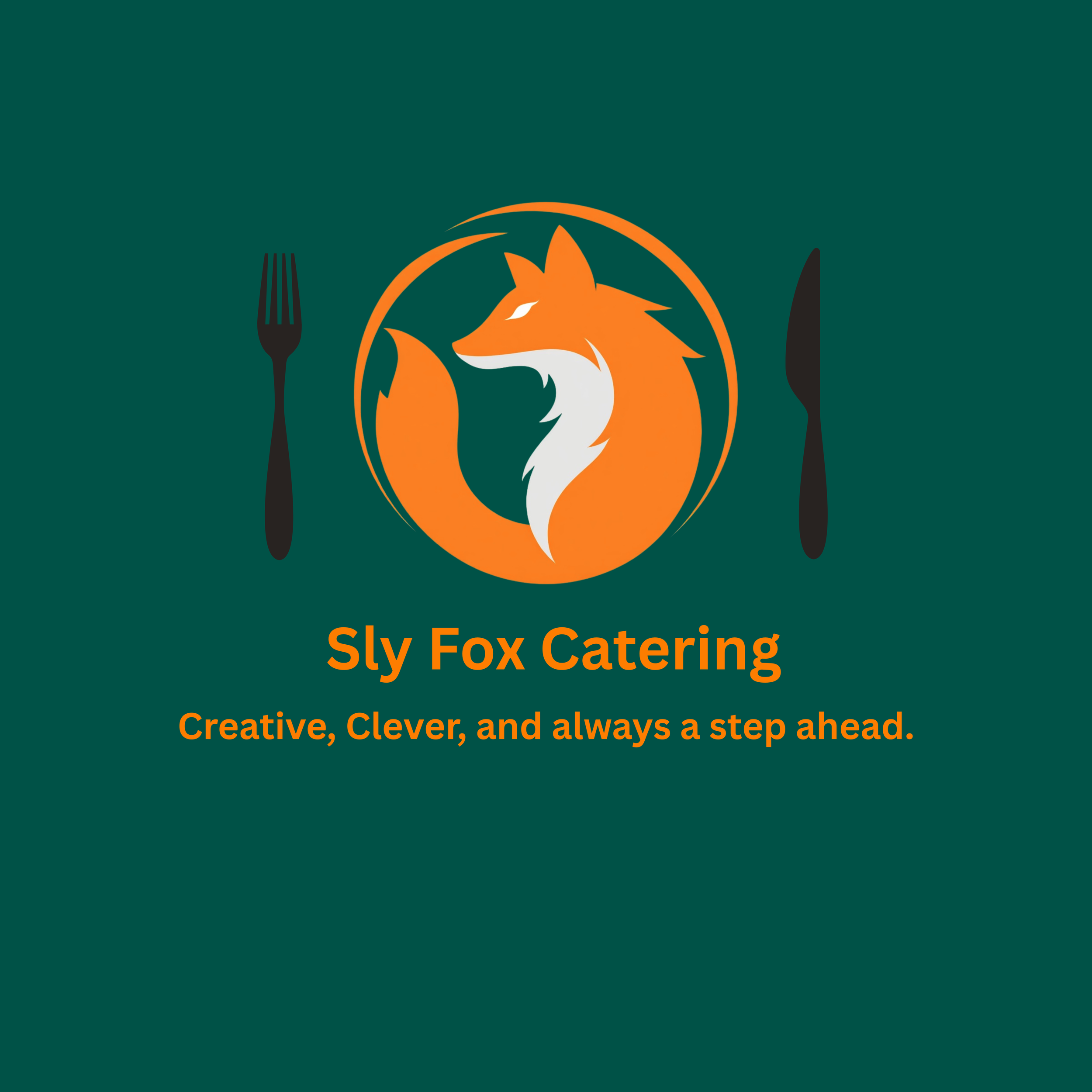 Logo of Sly Fox Catering featuring a stylized orange fox head inside an orange circle, with a fork on the left and a knife on the right, and the company name and tagline in orange text on a dark green background.