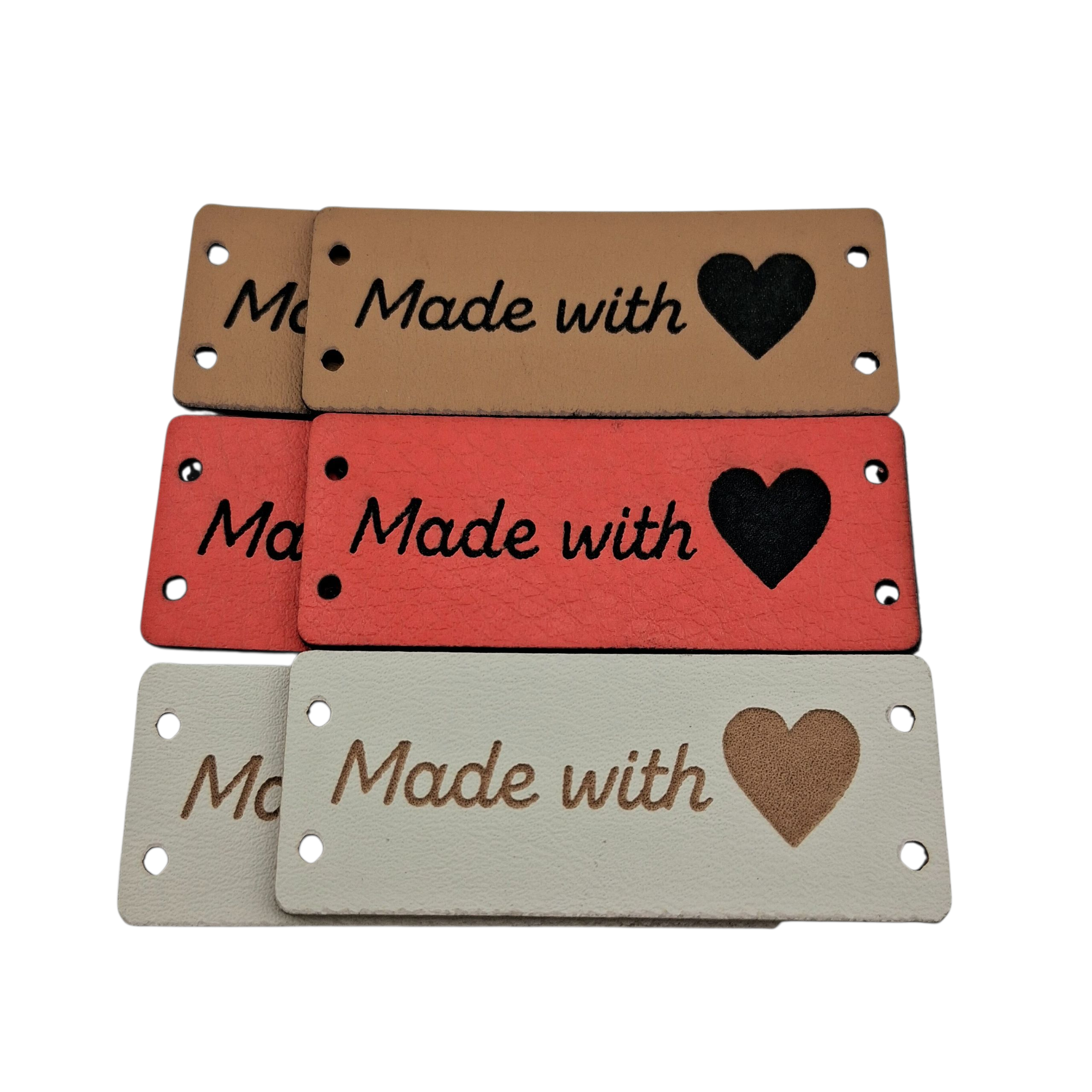 Étiquettes faux cuir beige rouge brun Made with love beige red brown black imitation leather labels