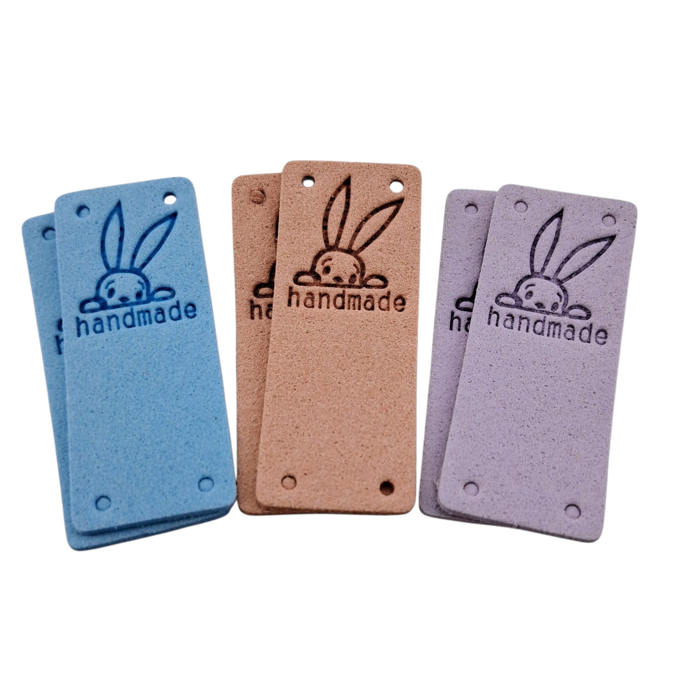 Étiquettes faux suede lapins bleu rose mauve Handmade rabbits blue pink purple imitation suede labels