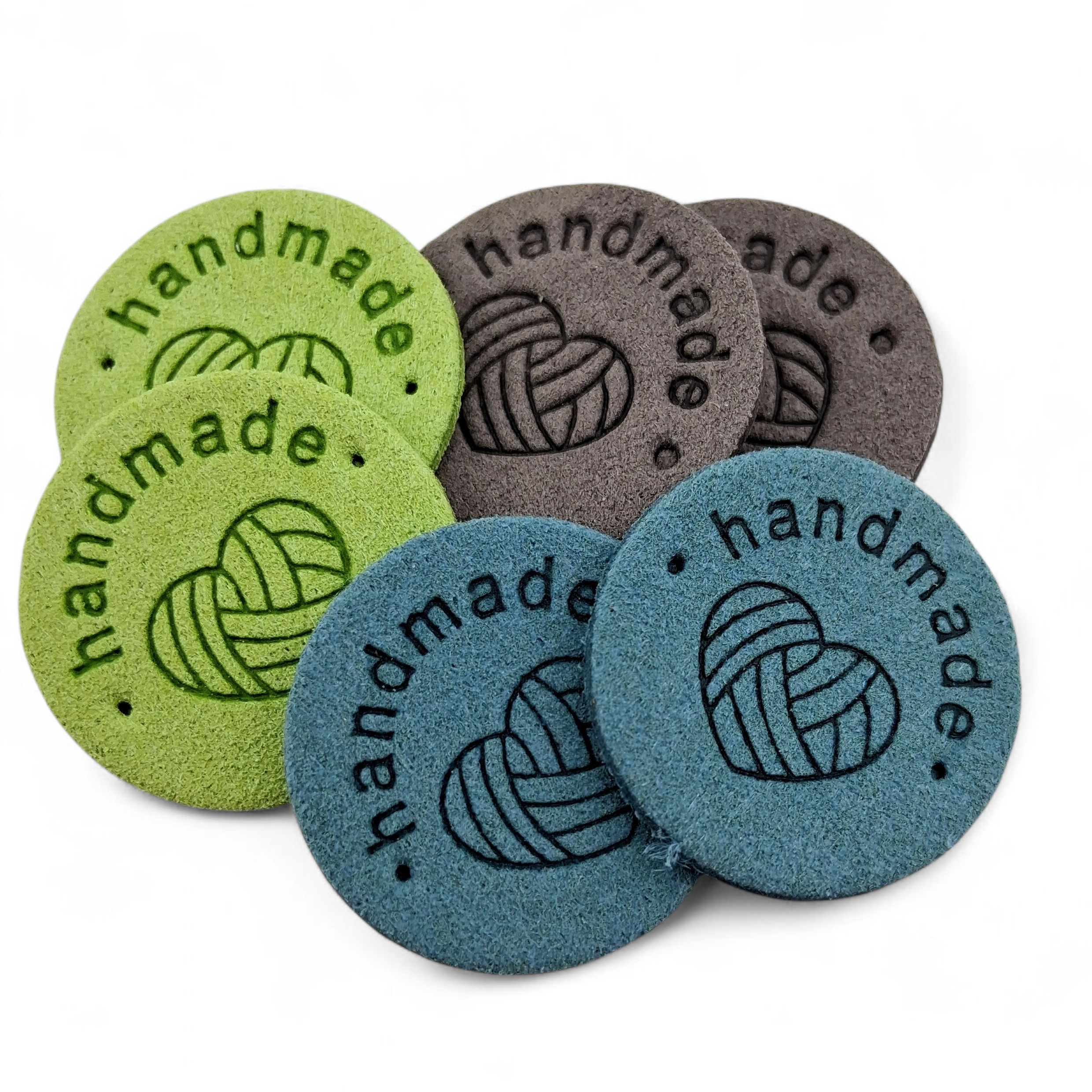 Étiquettes faux suede ronds bleu vert gris Handmade blue green grey imitation suede labels
