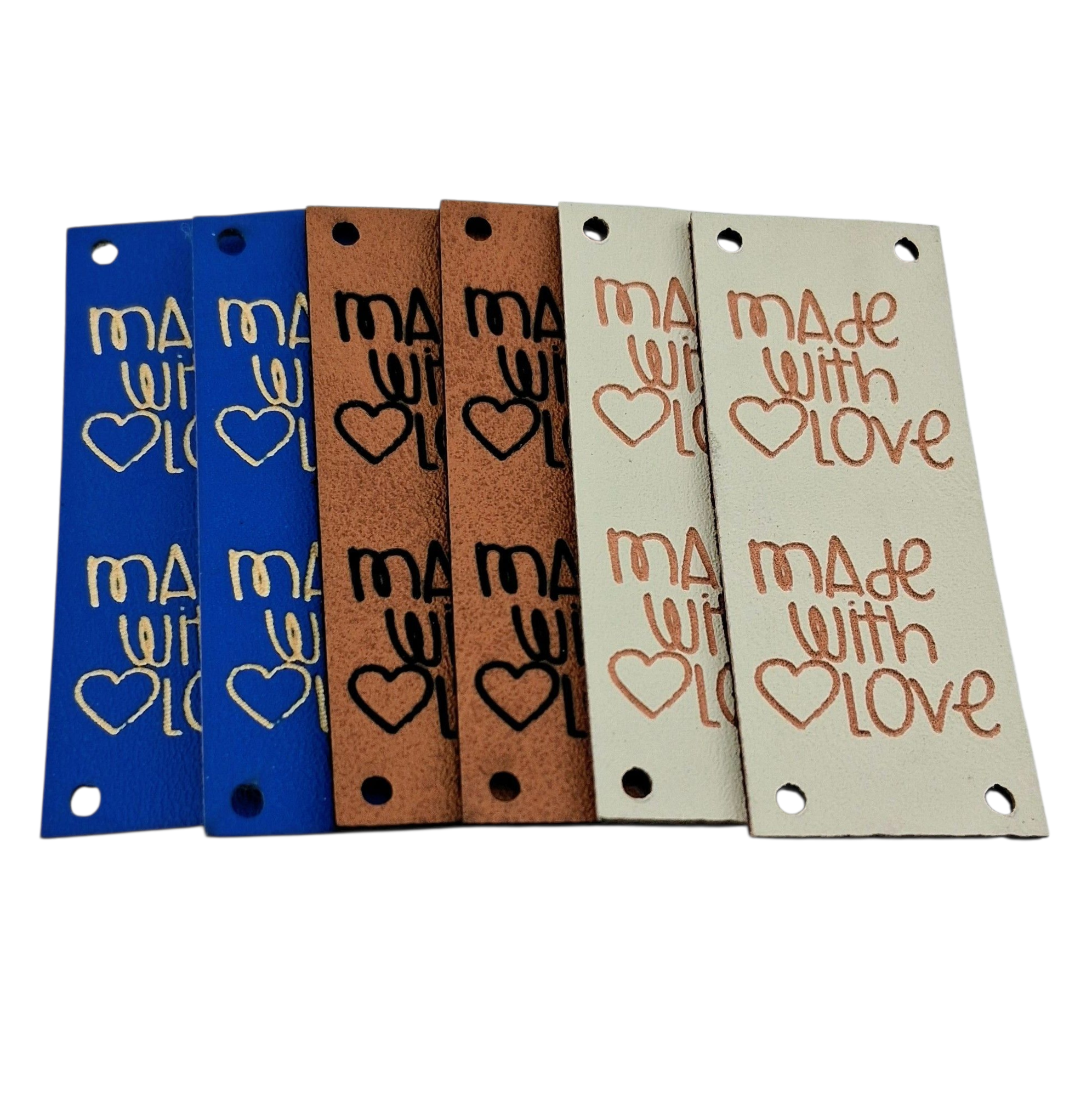 Étiquettes faux cuir beige brun bleu Made with love beige brown blue imitation leather labels