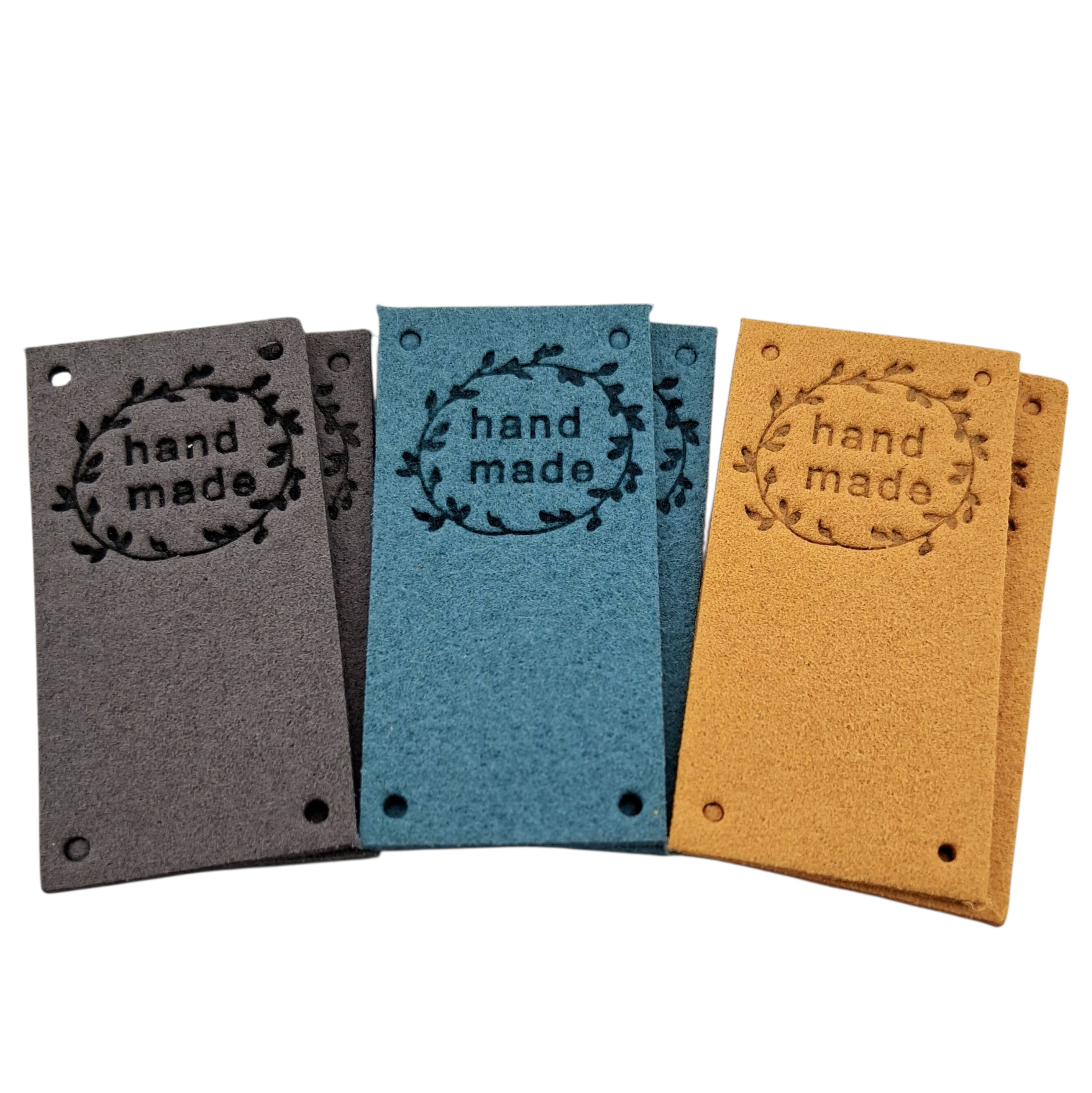 Étiquettes faux suede bleu ocre gris Handmade blue ocher grey imitation suede labels