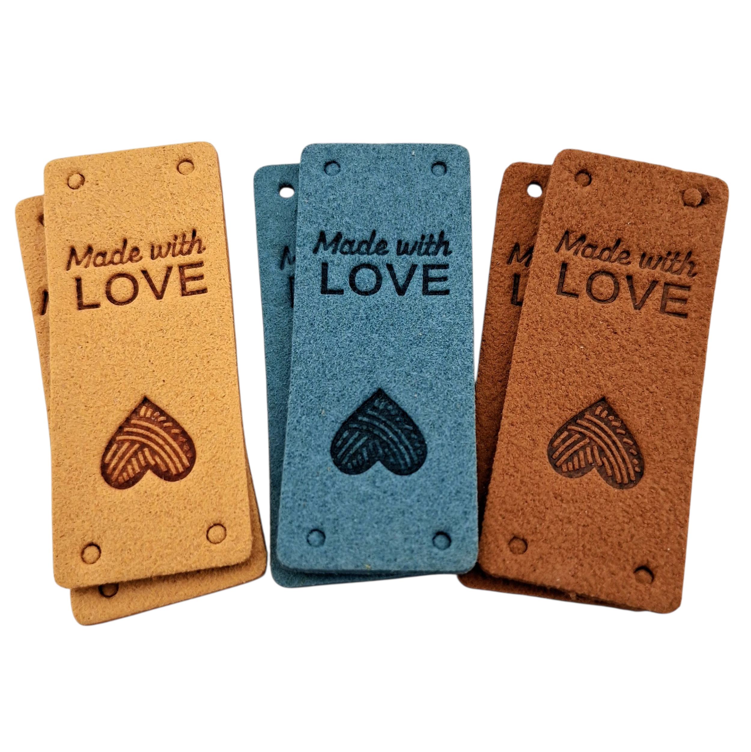 Étiquettes faux suede bleu ocre brun Made with love blue ocher brun imitation suede labels