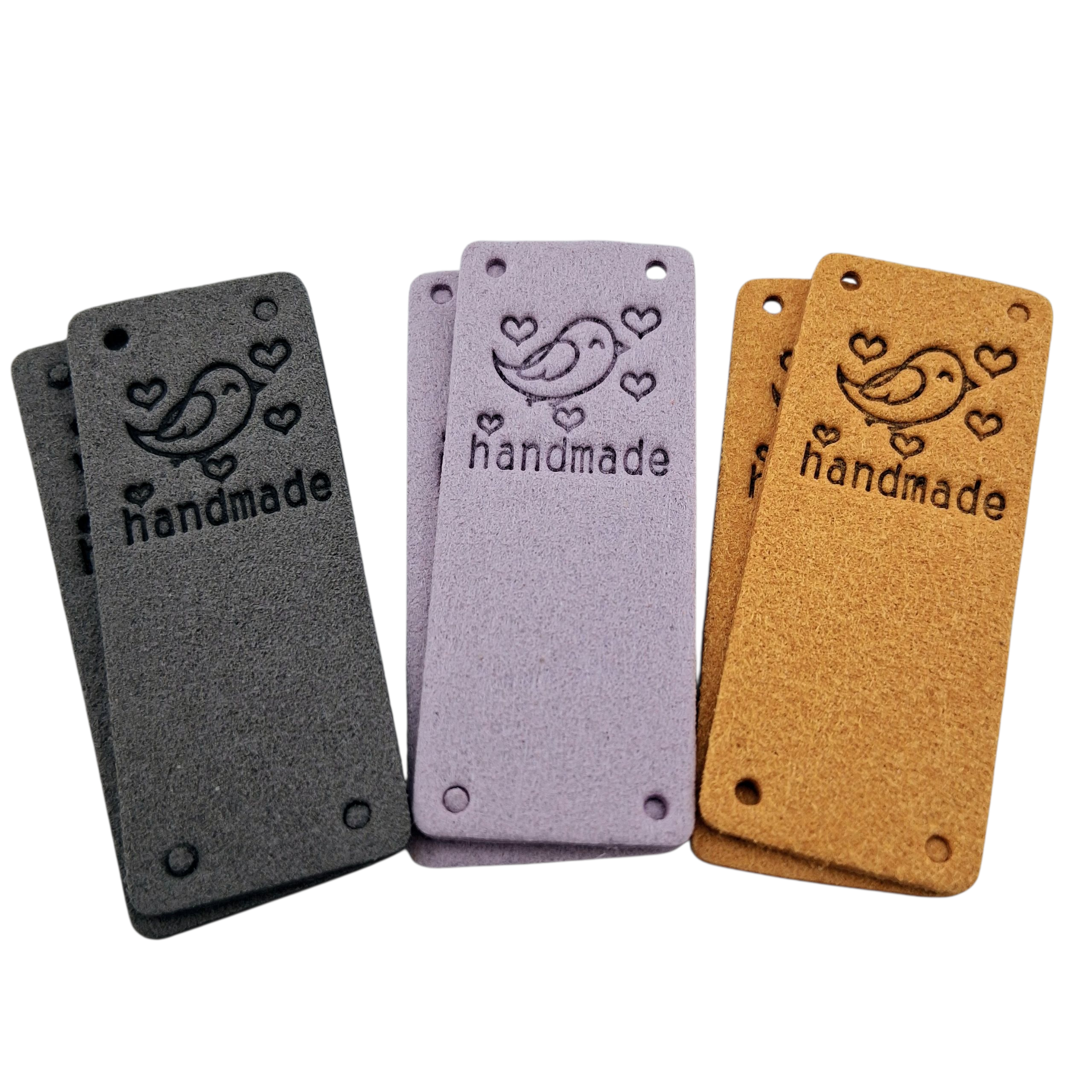 Étiquettes faux suede oiseaux gris mauve ocre Handmade birds grey purple ocher imitation suede labels