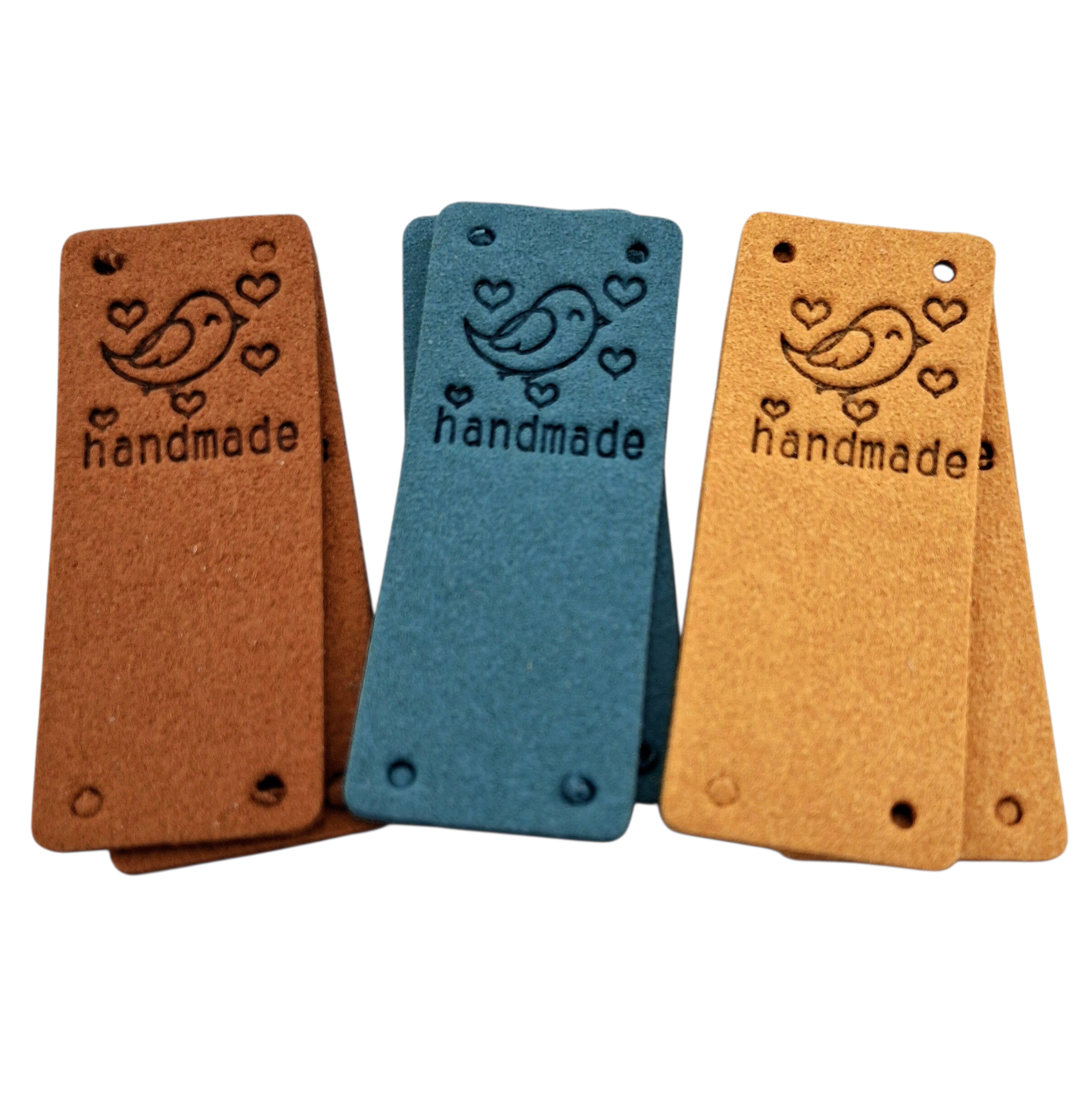 Étiquettes faux suede oiseaux bleu ocre brun Handmade birds blue ocher brown imitation suede labels