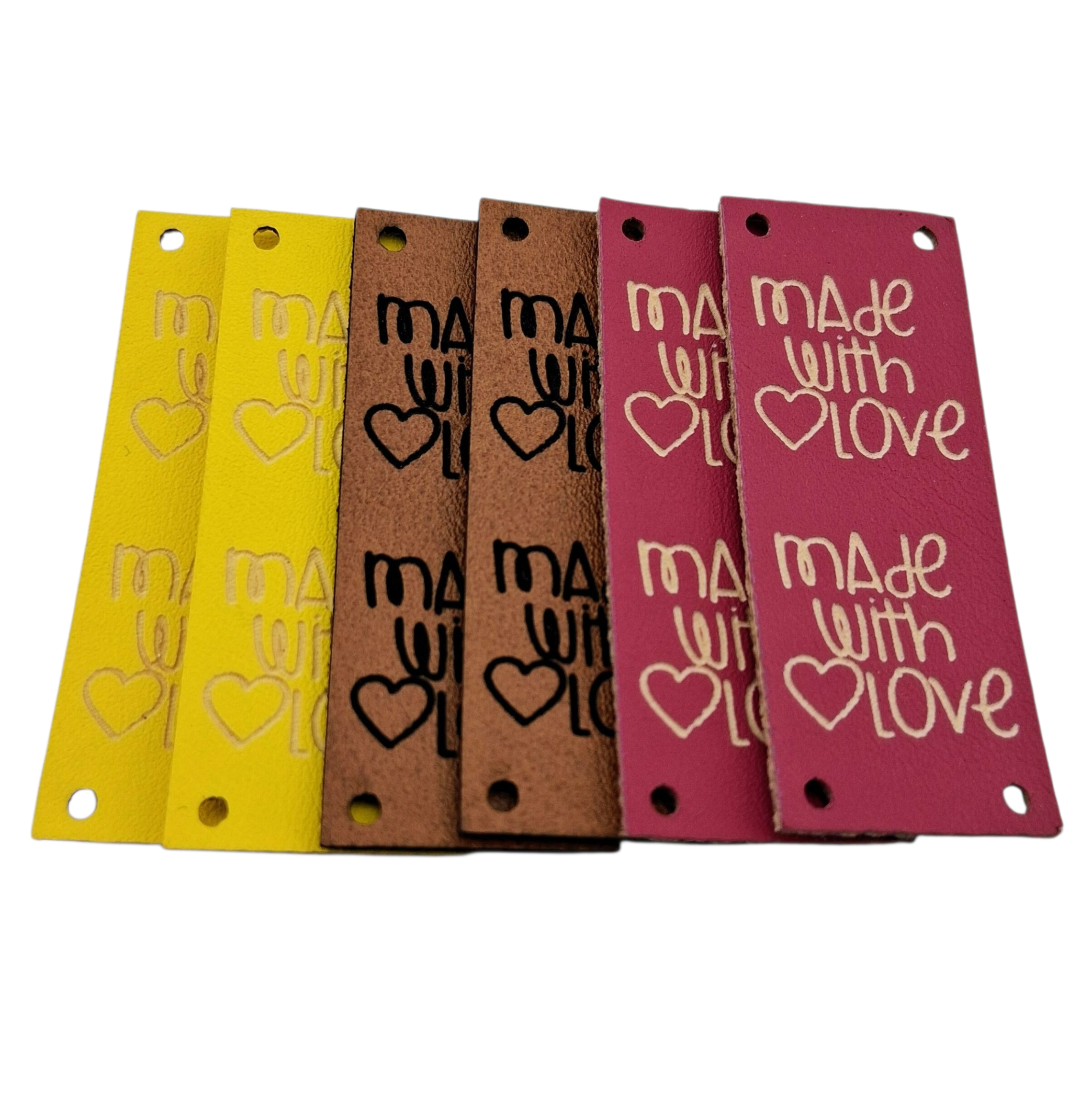 Étiquettes faux cuir rose brun jaune Made with love pink brown yellow imitation leather labels