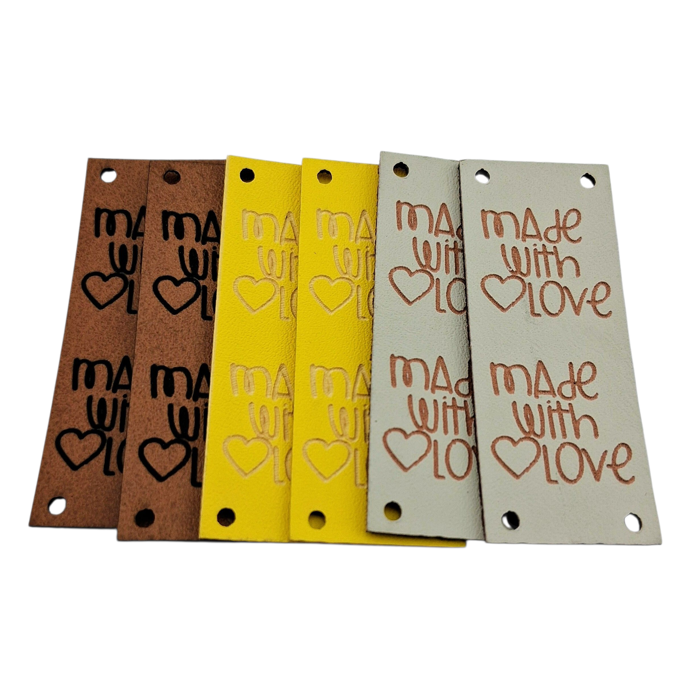 Étiquettes faux cuir beige jaune brun Made with love beige yellow brown imitation leather labels