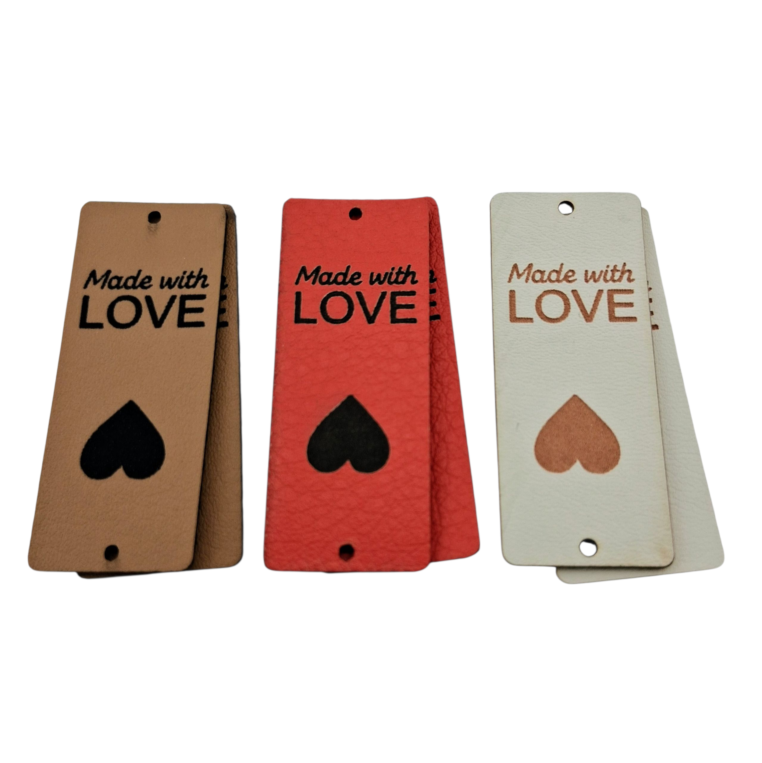 Étiquettes faux cuir beige rouge brun Made with love beige red brown black imitation leather labels
