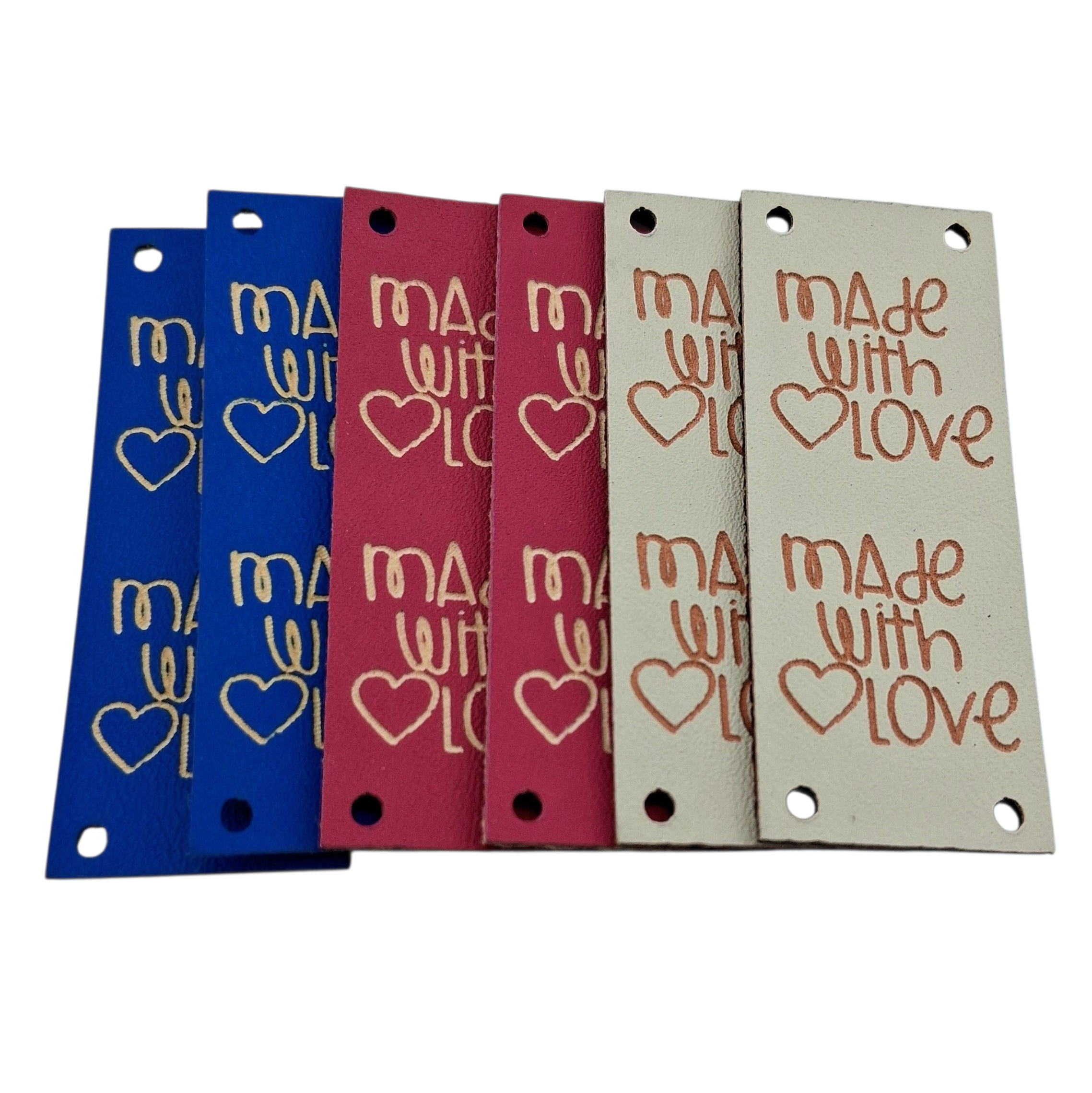 Étiquettes faux cuir beige rose bleu Made with love beige pink blue imitation leather labels