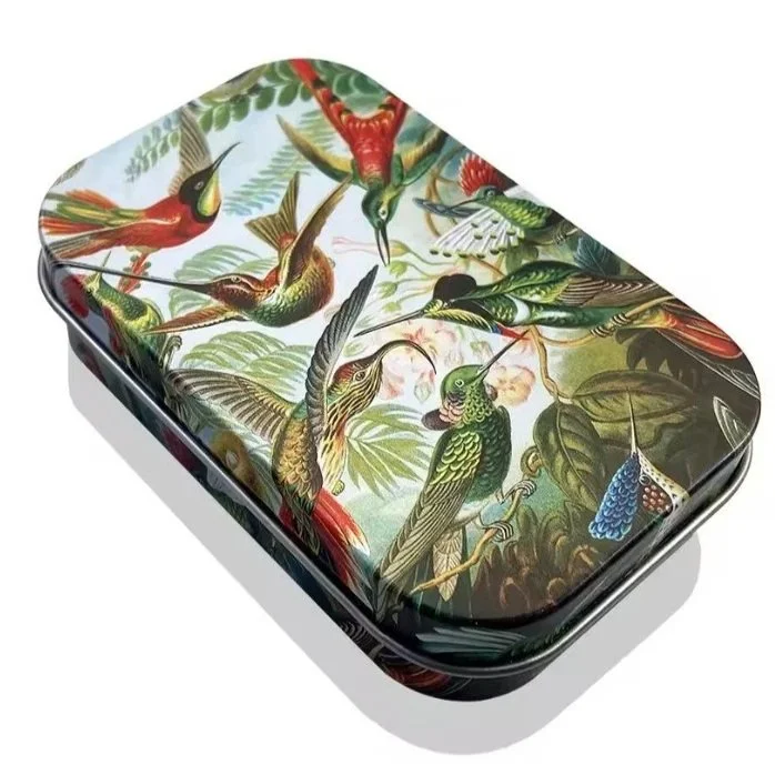 Boîte métallique compacte à charnière oiseaux mouches Hummingbirds tin box