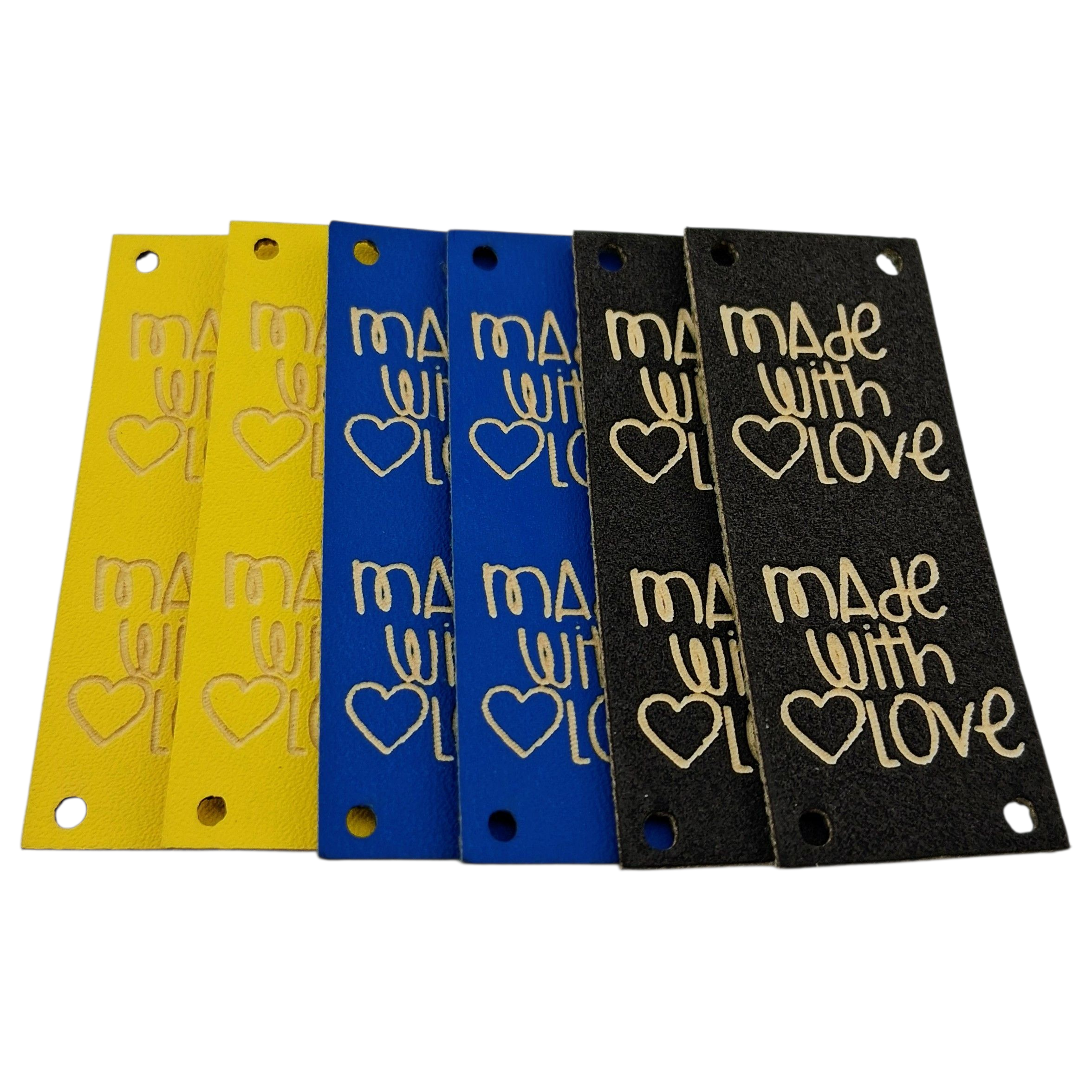 Étiquettes faux cuir jaune bleu brun Made with love yellow blue brown imitation leather labels