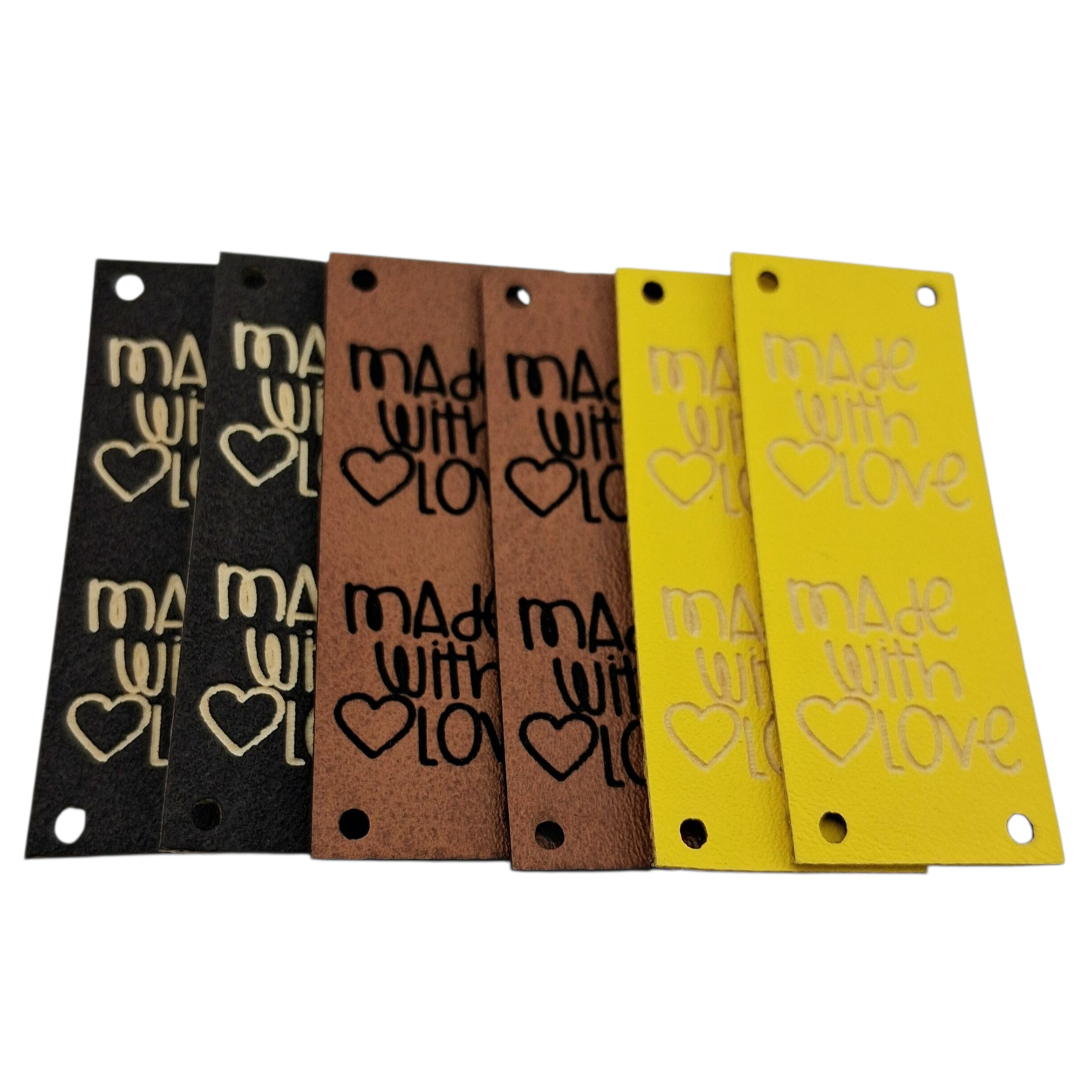Étiquettes faux cuir jaune brun et brun foncé Made with love yellow brown and dark brown imitation leather labels
