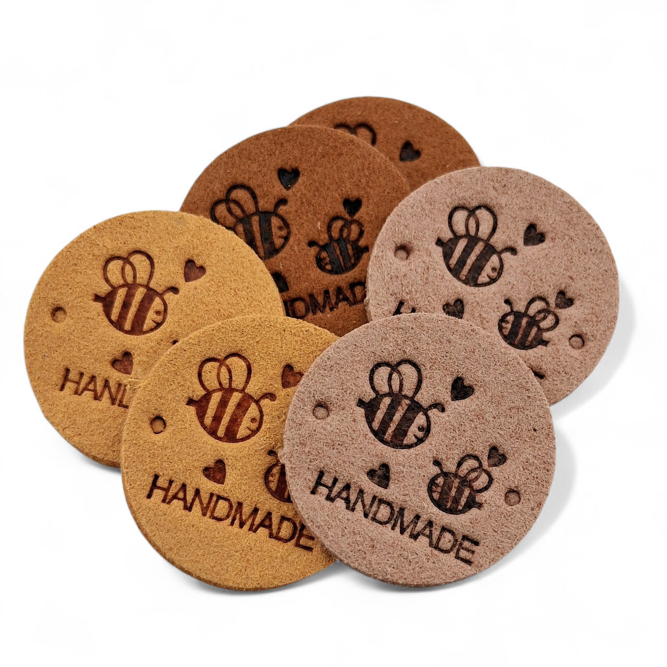 Étiquettes faux suede ronds abeilles beige ocre brun Handmade beige ocher brown bees round imitation suede labels