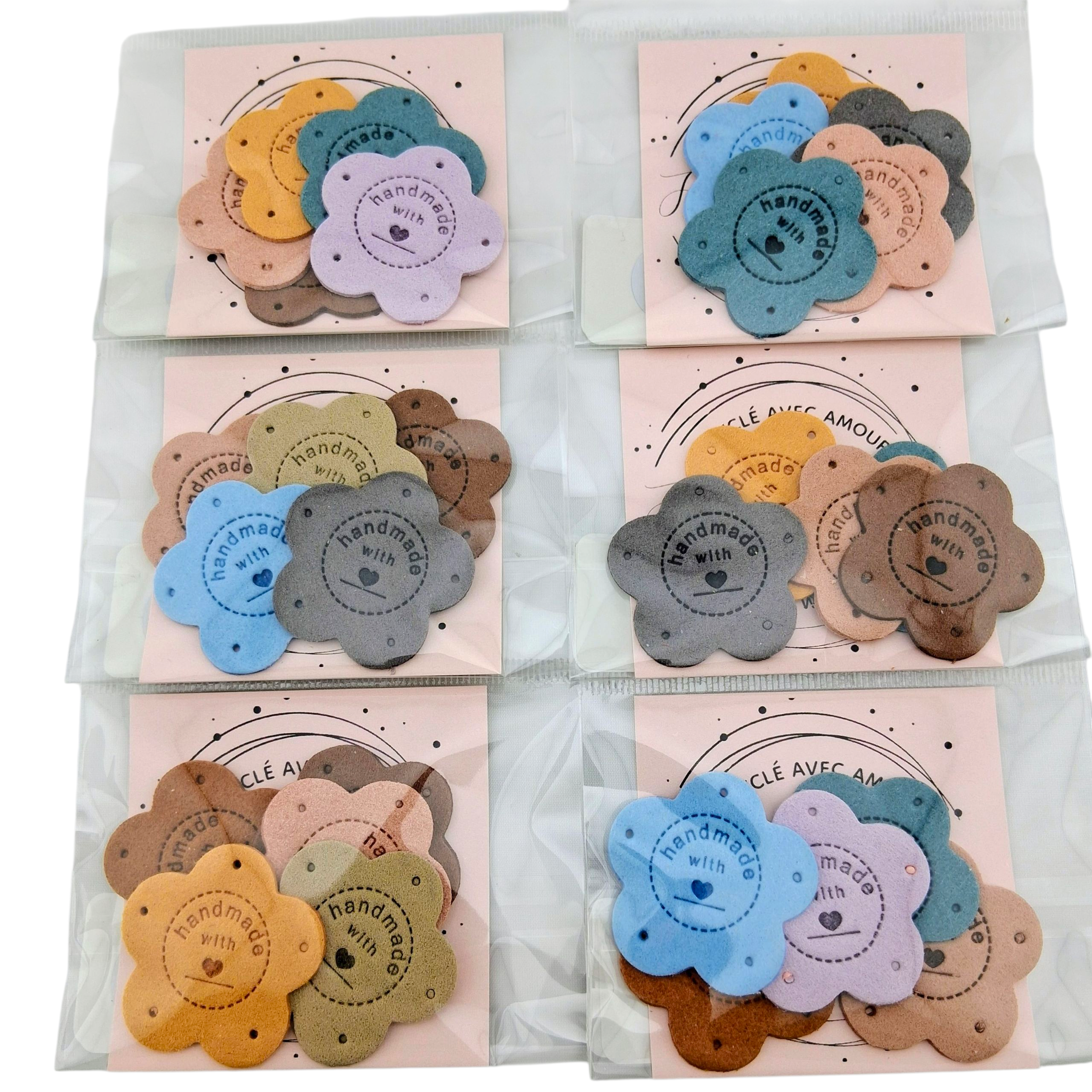 Étiquettes faux suede grandes fleurs multicolores Handmade with love multicolor big flowers imitation suede labels