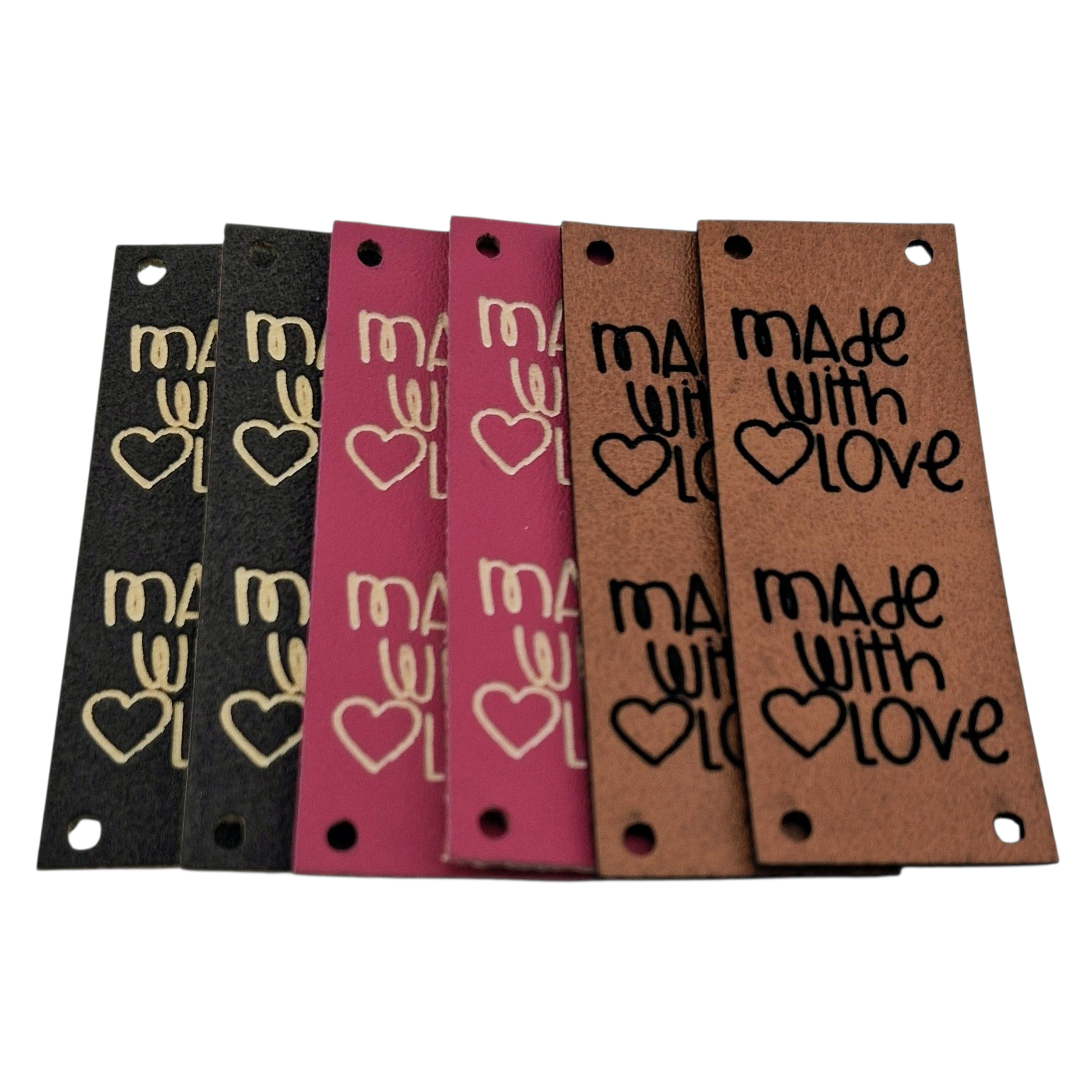 Étiquettes faux cuir rose brun et brun foncé Made with love pink brown and dark brown imitation leather labels