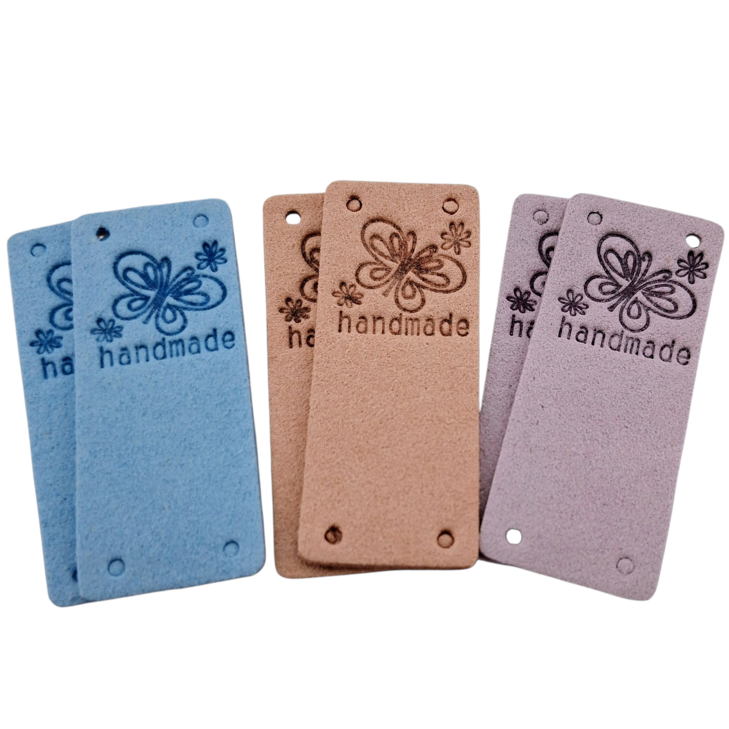 Étiquettes faux suede papillons bleu rose mauve Handmade butterflies blue pink purple imitation suede labels