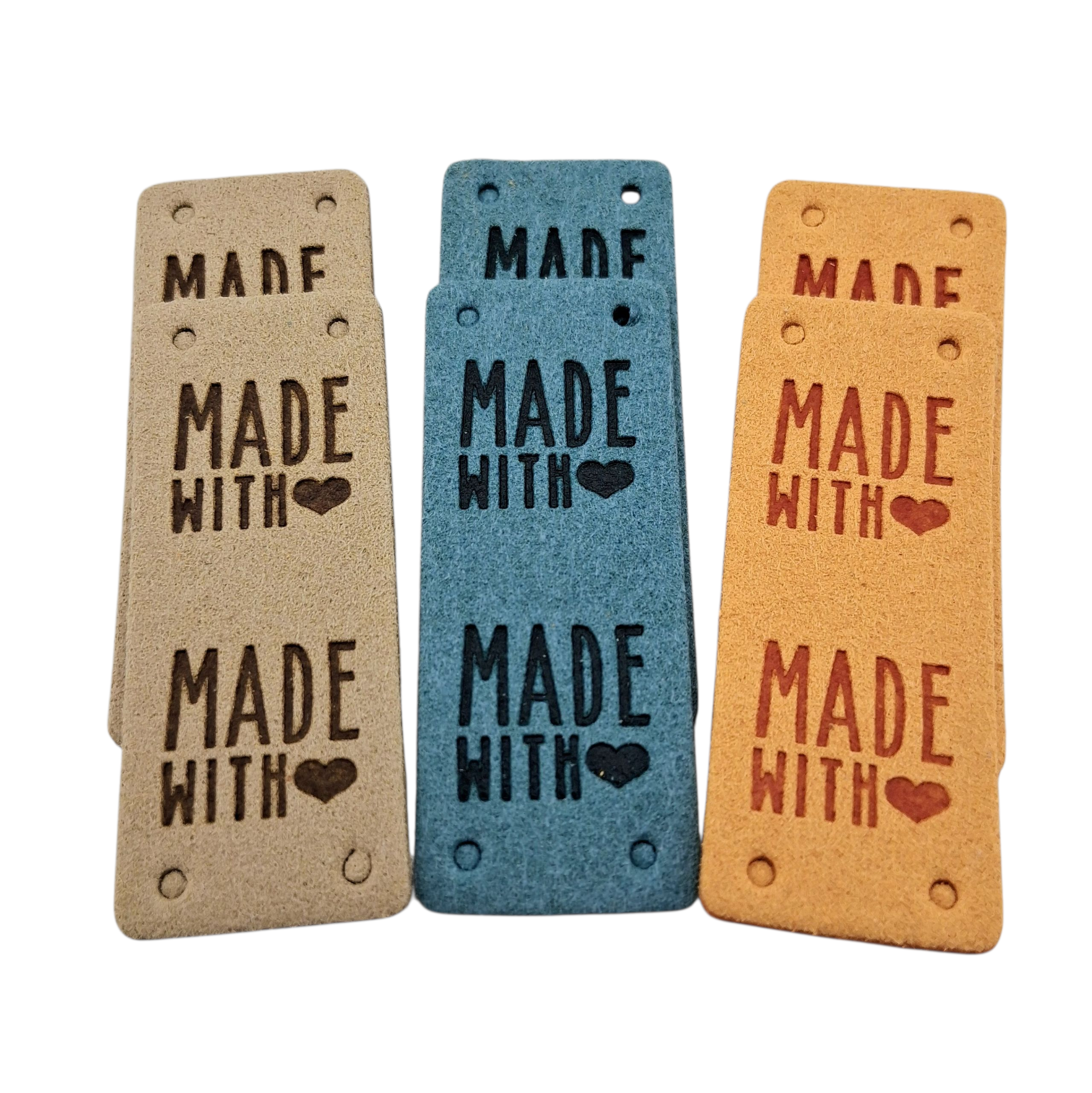 Étiquettes faux suede bleu ocre vert Made with love blue ocher green imitation suede labels