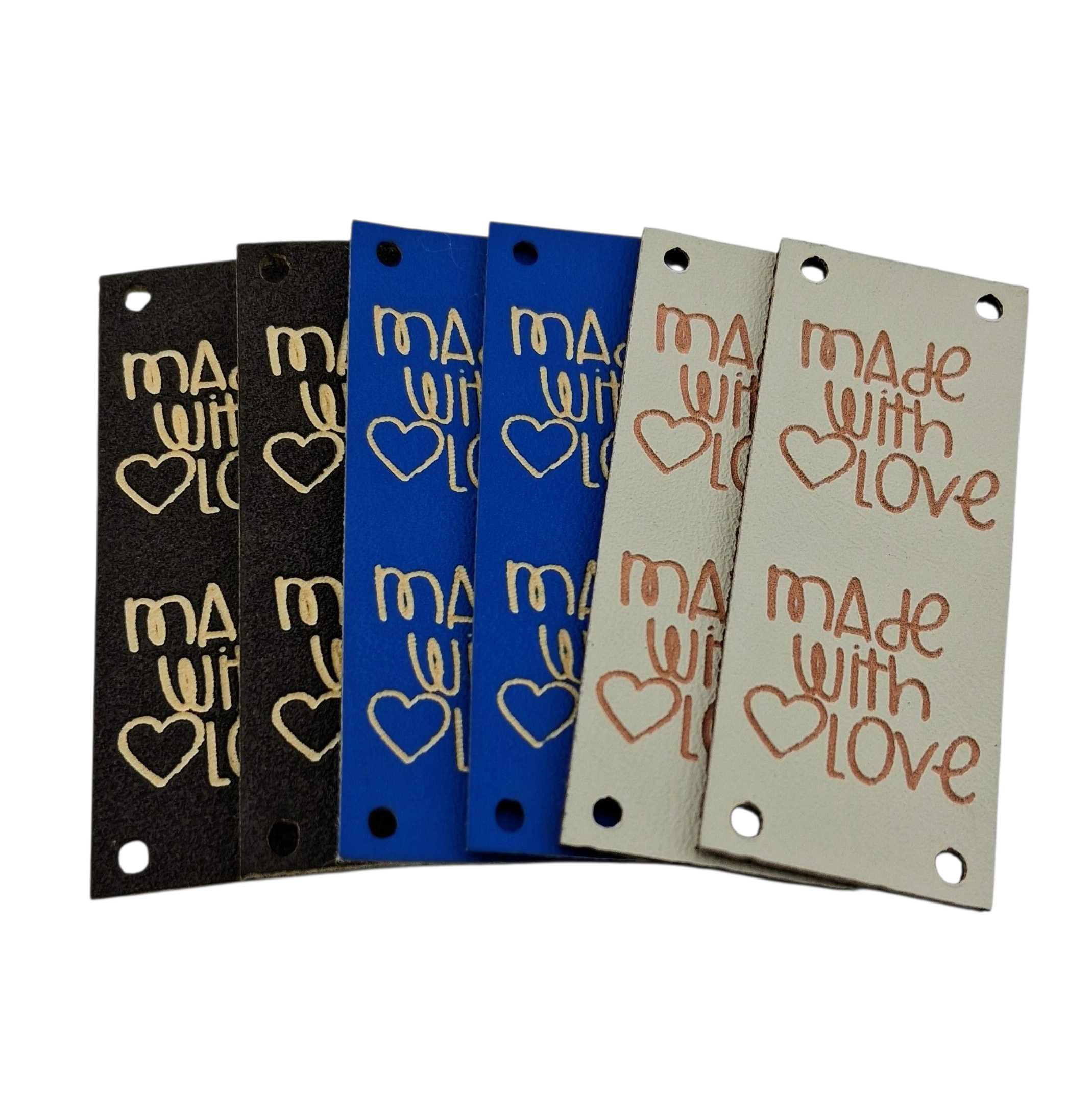 Étiquettes faux cuir beige brun foncé bleu Made with love beige dark brown blue imitation leather labels