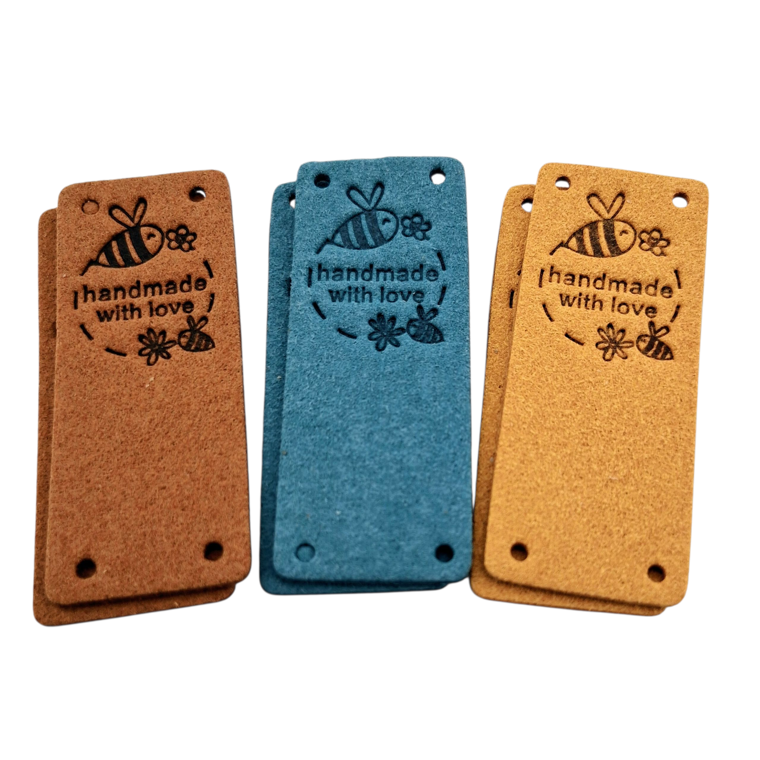 Étiquettes faux suede abeilles bleu ocre brun Handmade with love bees blue ocher brown imitation suede labels