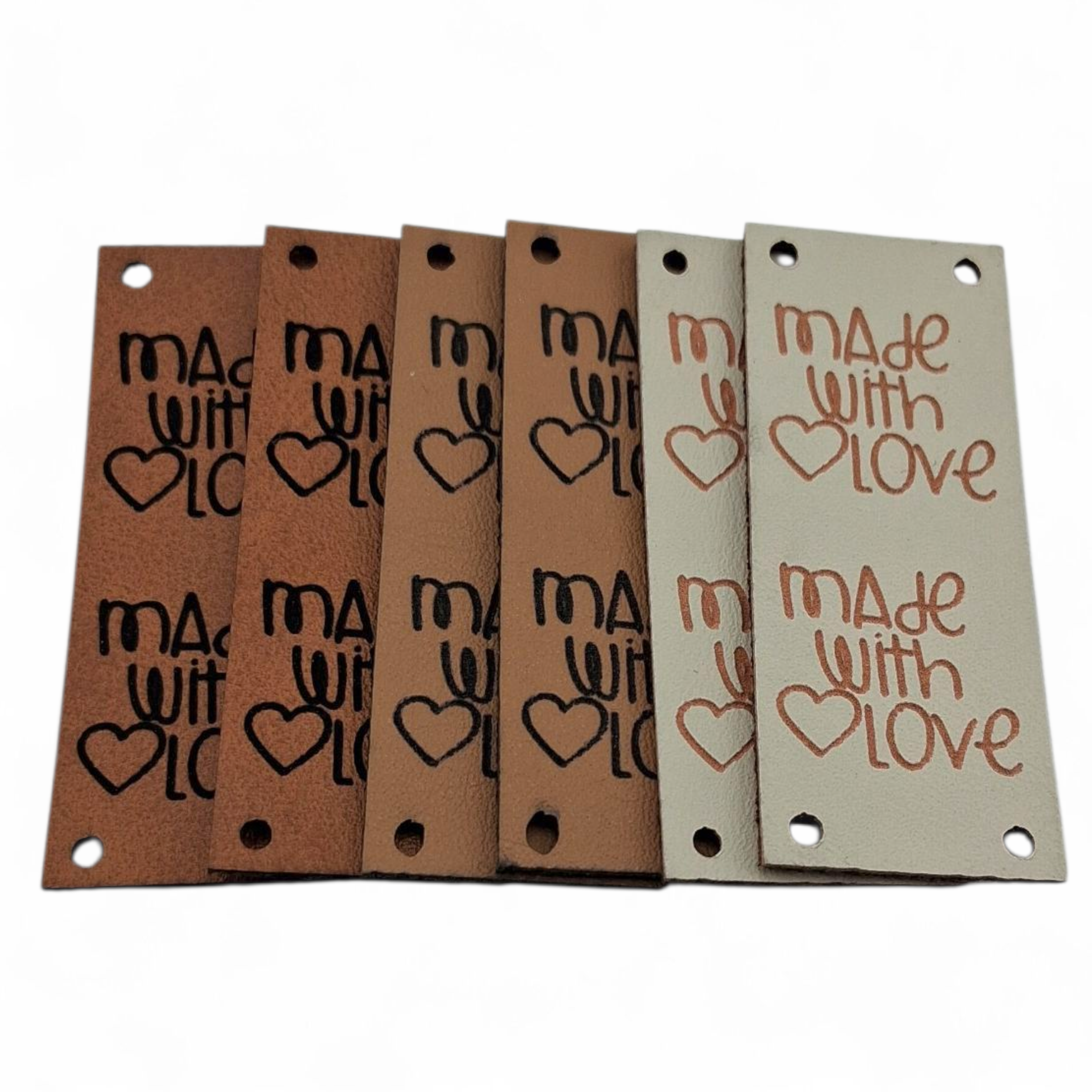Étiquettes faux cuir beige brun et brun pâle Made with love beige brown and pale brown imitation leather labels