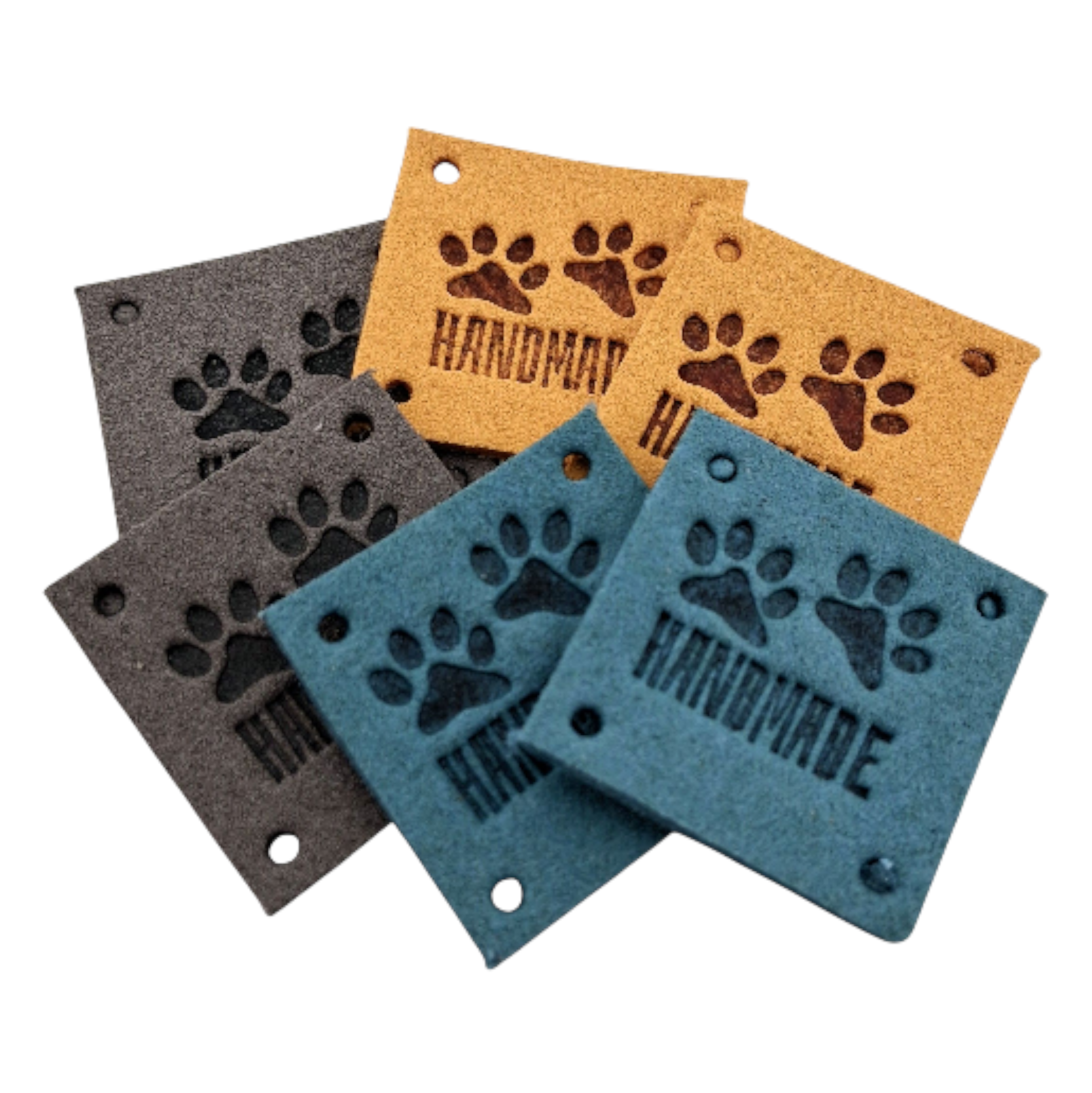 Étiquettes faux suede carré chien bleu ocre gris Handmade dog blue ocher grey square imitation suede labels