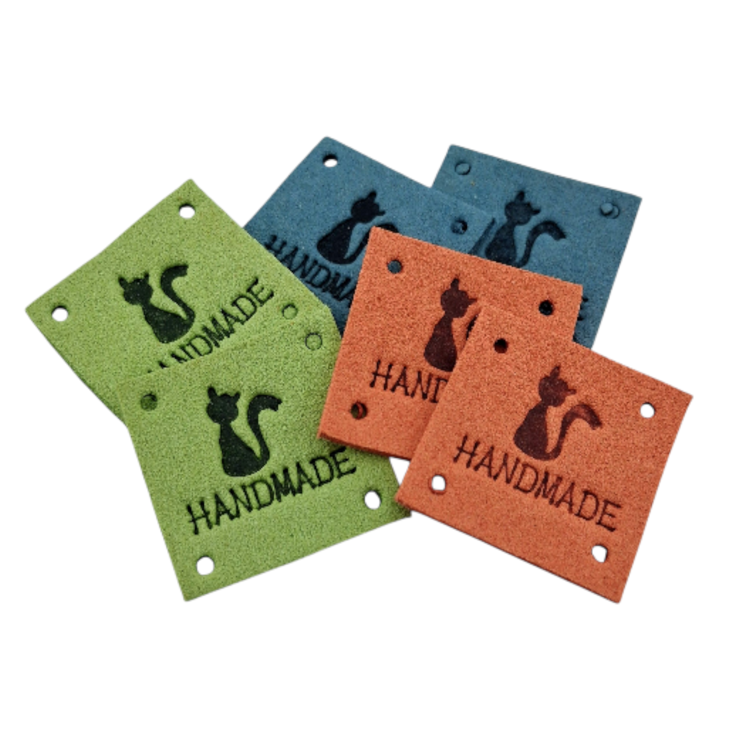 Étiquettes faux suede carré chat bleu orange vert Handmade blue orange green cat square imitation suede labels
