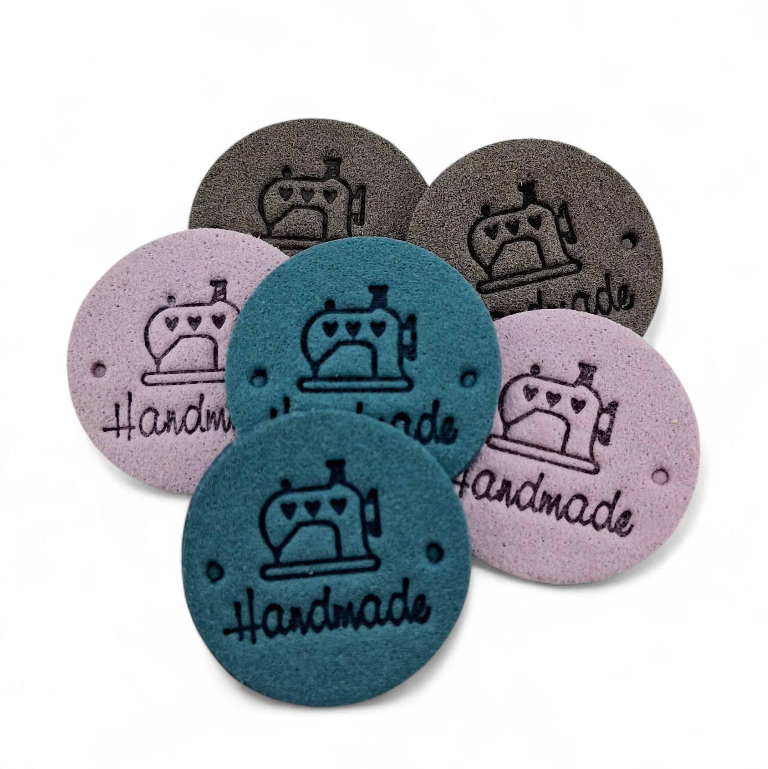 Étiquettes faux suede ronds machine à coudre bleu mauve gris Handmade blue purple grey sewing machin round imitation suede labels