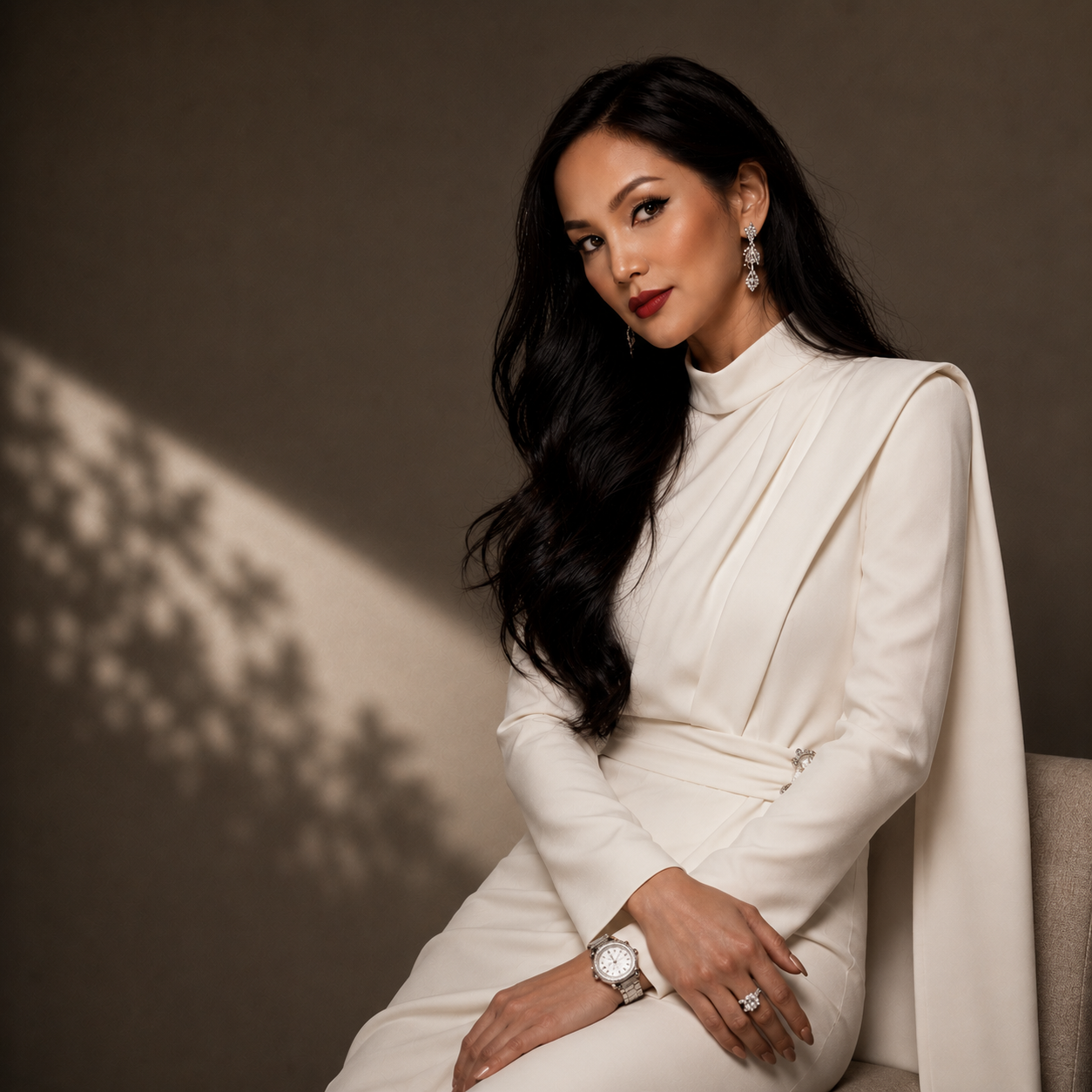A woman with long black hair wearing red lipstick and jewelry, dressed in a white suit with a high collar, sitting on a chair against a neutral background.
