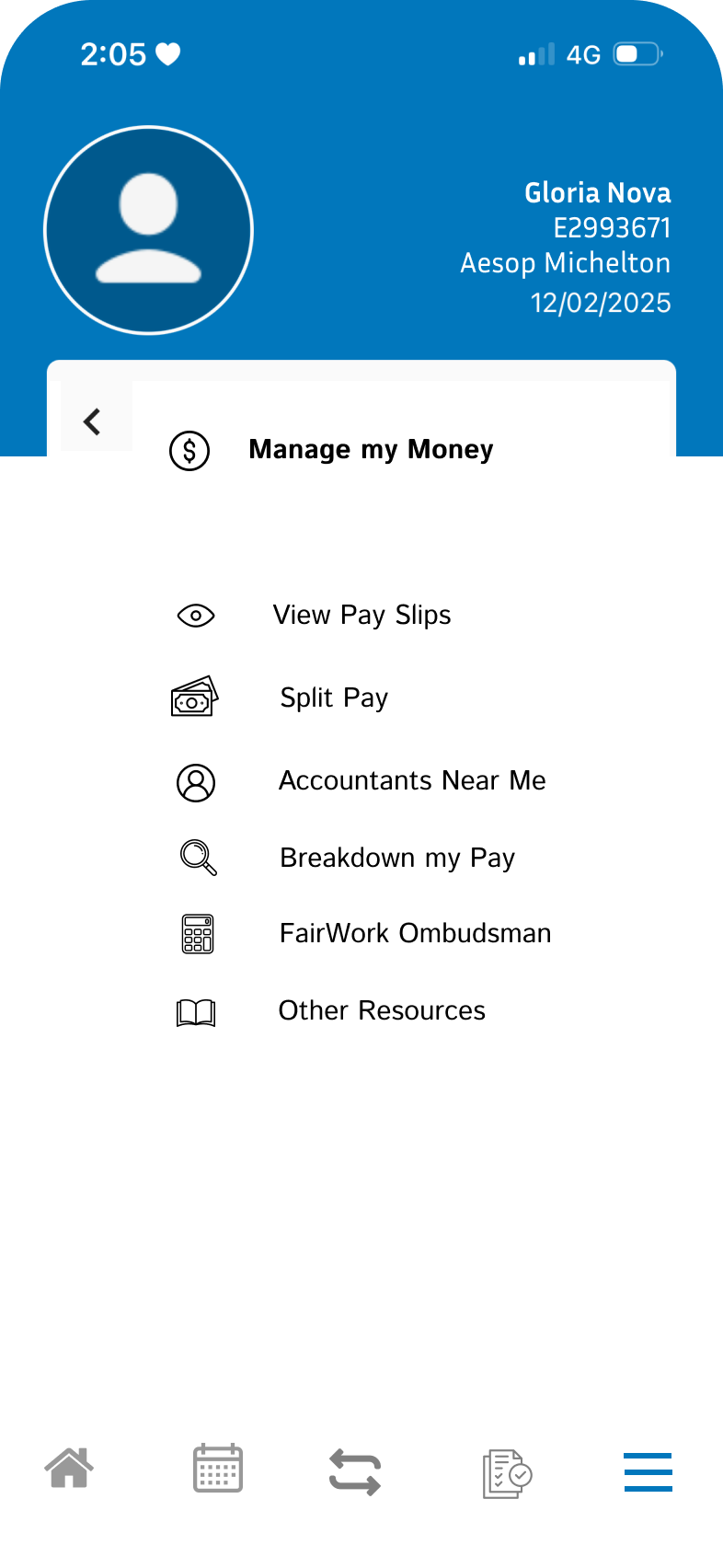 Mobile banking app screen showing account holder's name, date of birth, account number, and options for managing money such as viewing pay slips, splitting pay, viewing nearby accountants, breaking down pay, accessing FairWork Ombudsman resources, and other resources.